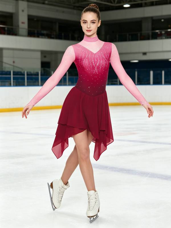 Women Gradient Long Sleeve Figure Skating Dress Lyrical Dancewear thumb
