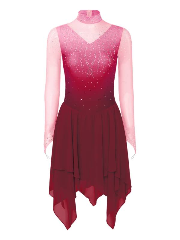 Women Gradient Long Sleeve Figure Skating Dress Lyrical Dancewear thumb