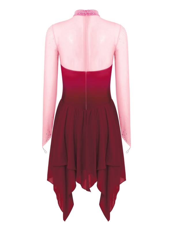 Women Gradient Long Sleeve Figure Skating Dress Lyrical Dancewear thumb