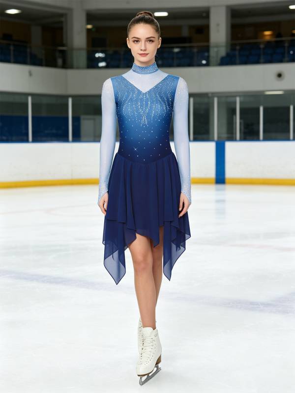 Women Gradient Long Sleeve Figure Skating Dress Lyrical Dancewear thumb