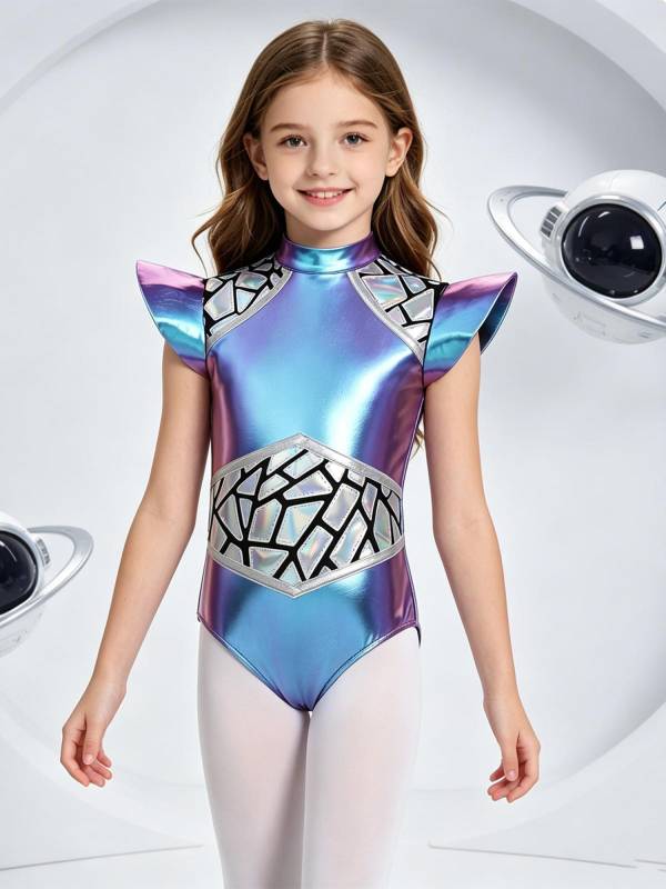Girls Space Galaxy Leotard Metallic Cap Sleeve Bodysuit for Halloween Cosplay thumb