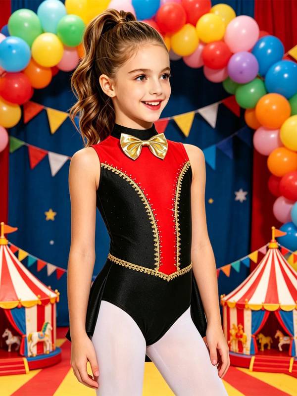 Kids Girls Leotard Halloween Costume Color Block Bodysuit With Back Panel Stage thumb