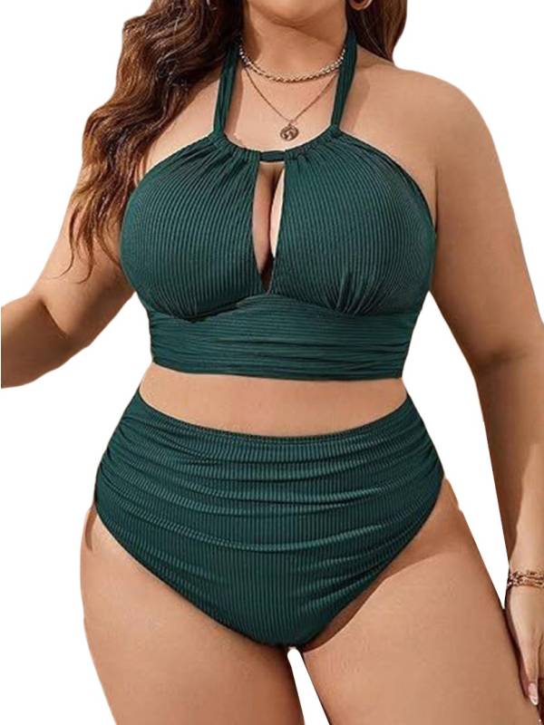 Women Plus Size Swimsuit Halter Neck Tops and Ruched Briefs Bikini Set thumb