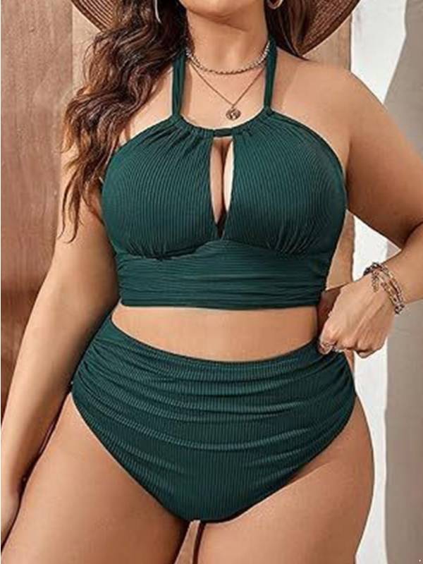 Women Plus Size Swimsuit Halter Neck Tops and Ruched Briefs Bikini Set thumb