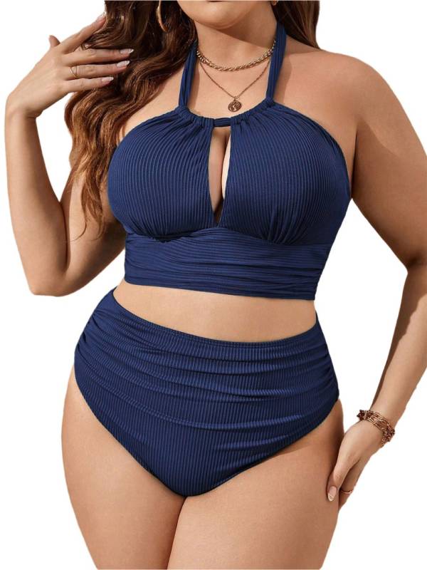 Women Plus Size Swimsuit Halter Neck Tops and Ruched Briefs Bikini Set thumb