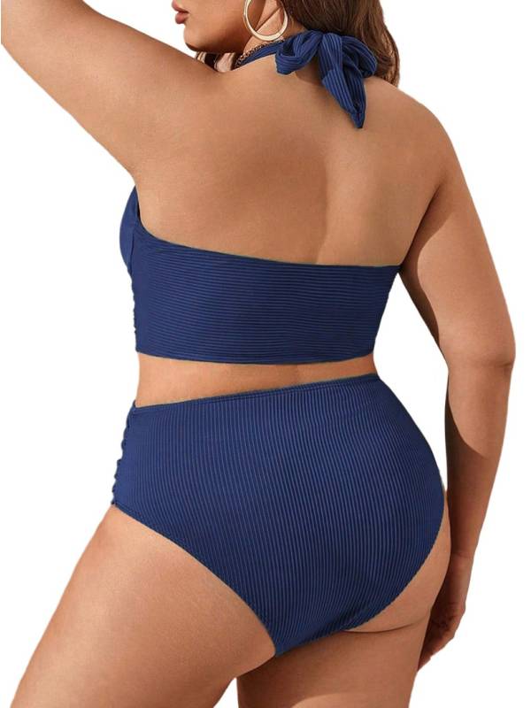 Women Plus Size Swimsuit Halter Neck Tops and Ruched Briefs Bikini Set thumb