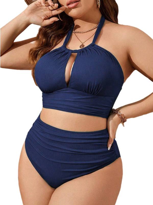 Women Plus Size Swimsuit Halter Neck Tops and Ruched Briefs Bikini Set thumb