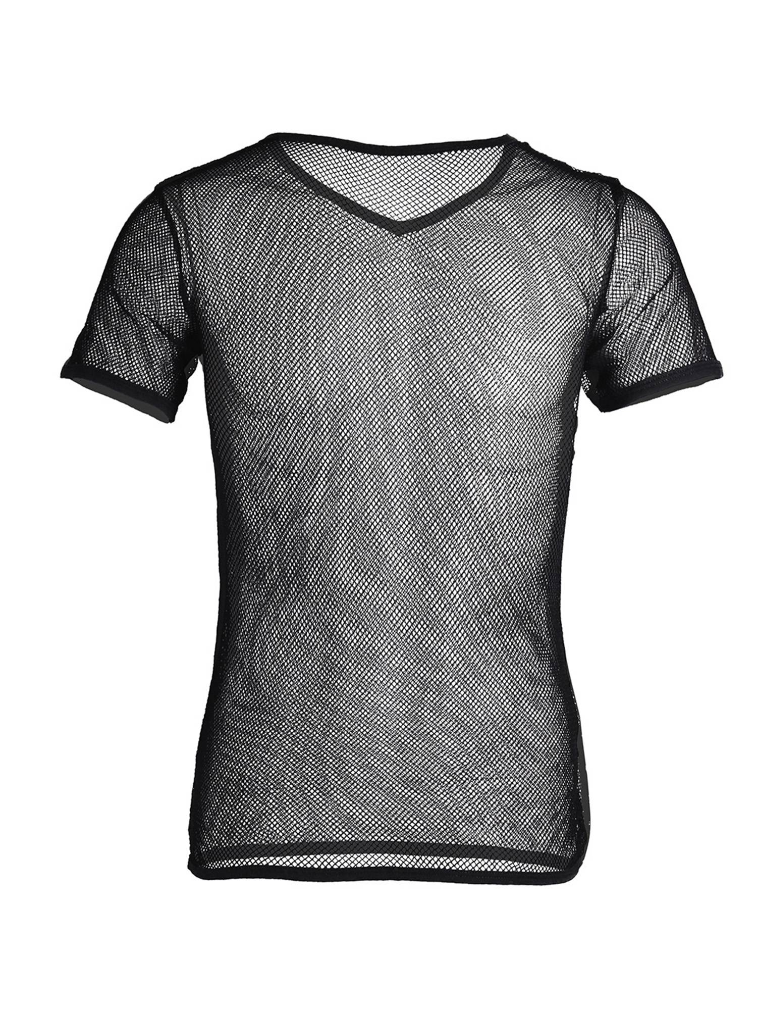 Men Short Sleeve V Neck Mesh See-Through Jazz Dance T-shirt