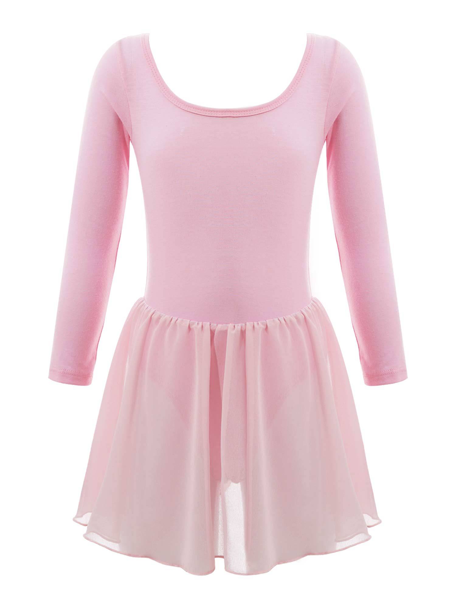 Kids Girls Long Sleeve Solid Color Ballet Dance Leotard Dress