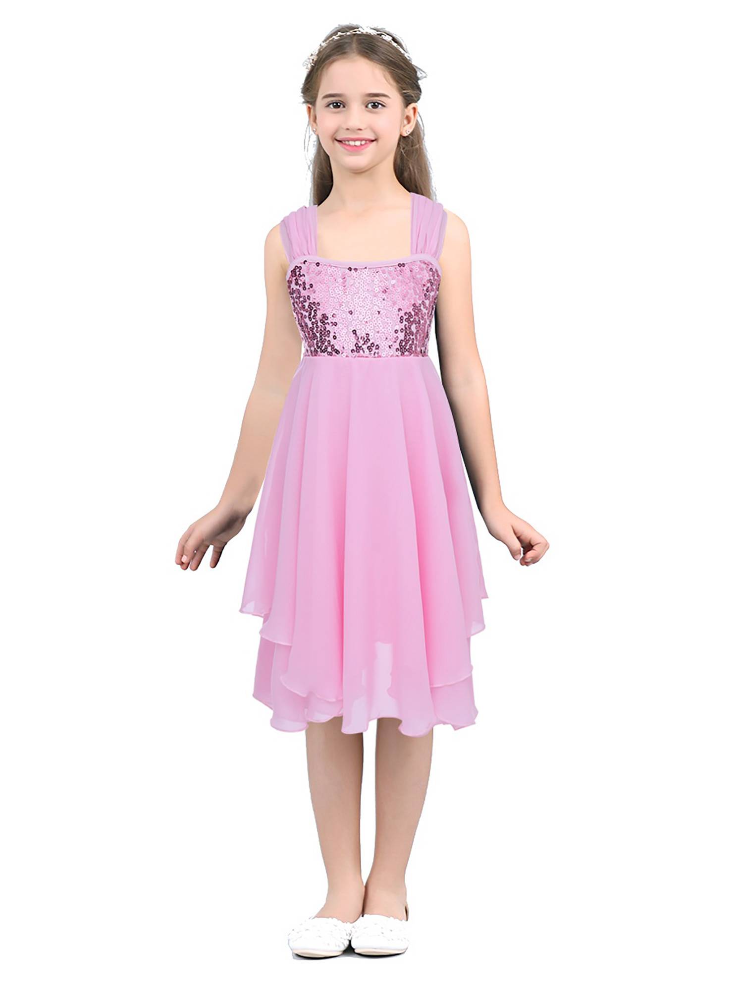 Kids Girls Chiffon Sequins Ballet Dance Leotard Dress
