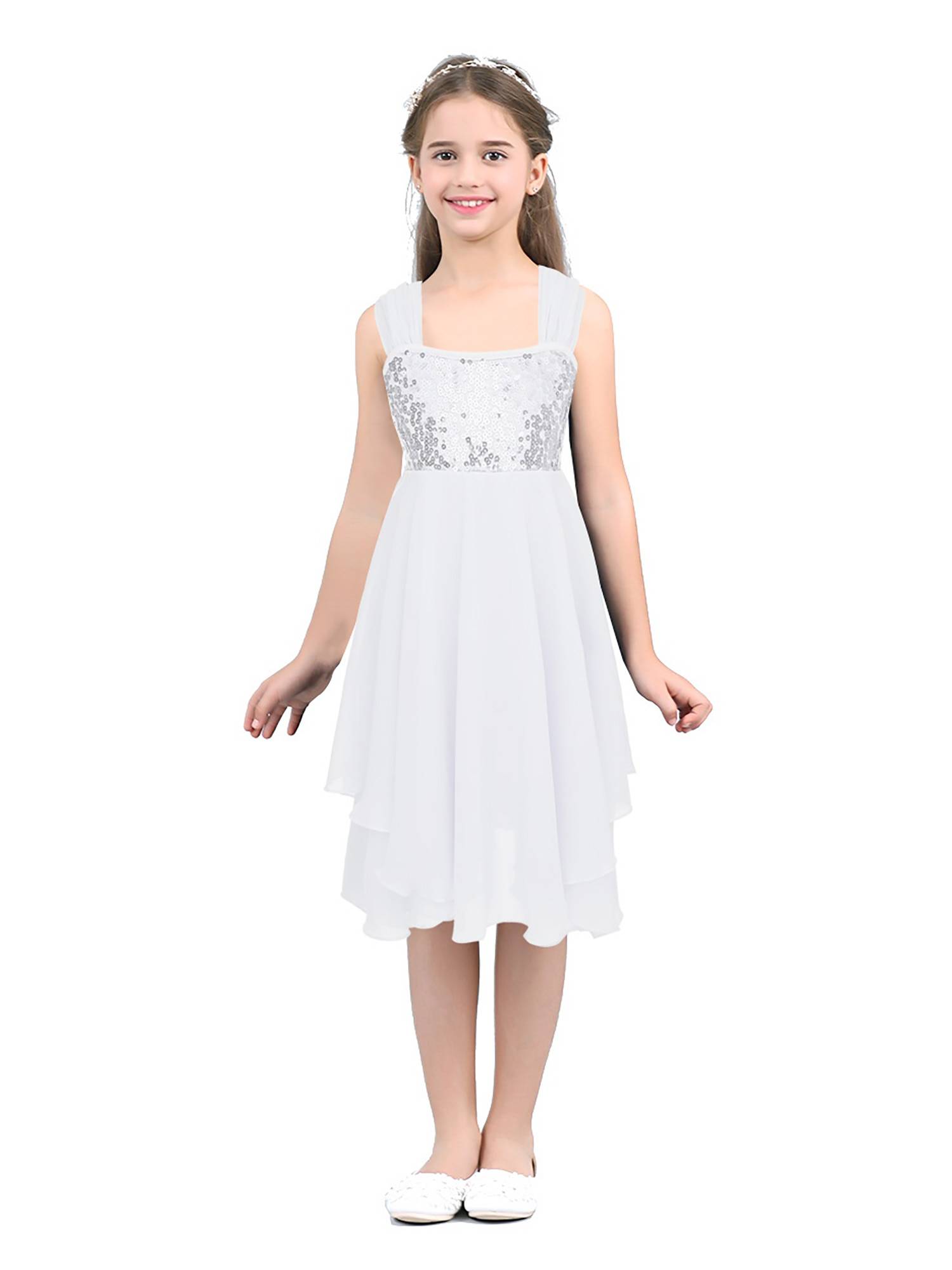 Kids Girls Chiffon Sequins Ballet Dance Leotard Dress
