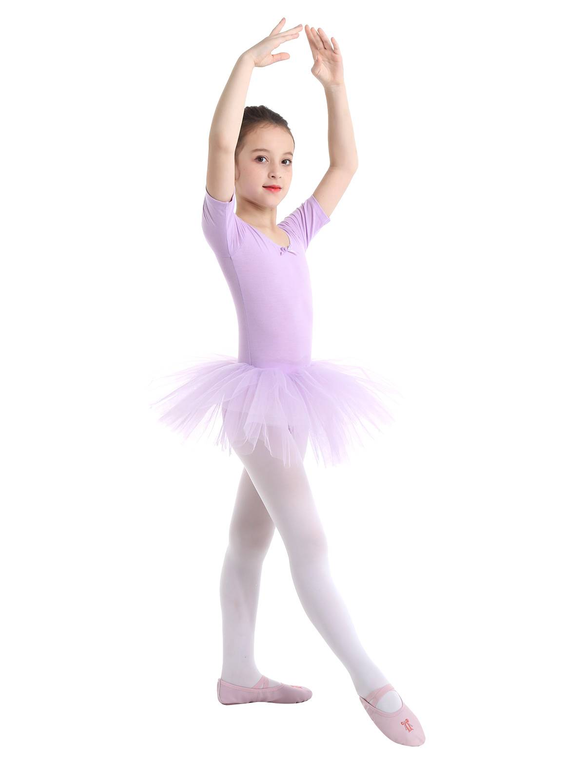Kids Girls Short Sleeve Cotton Tulle Ballet Dance Tutu Dress