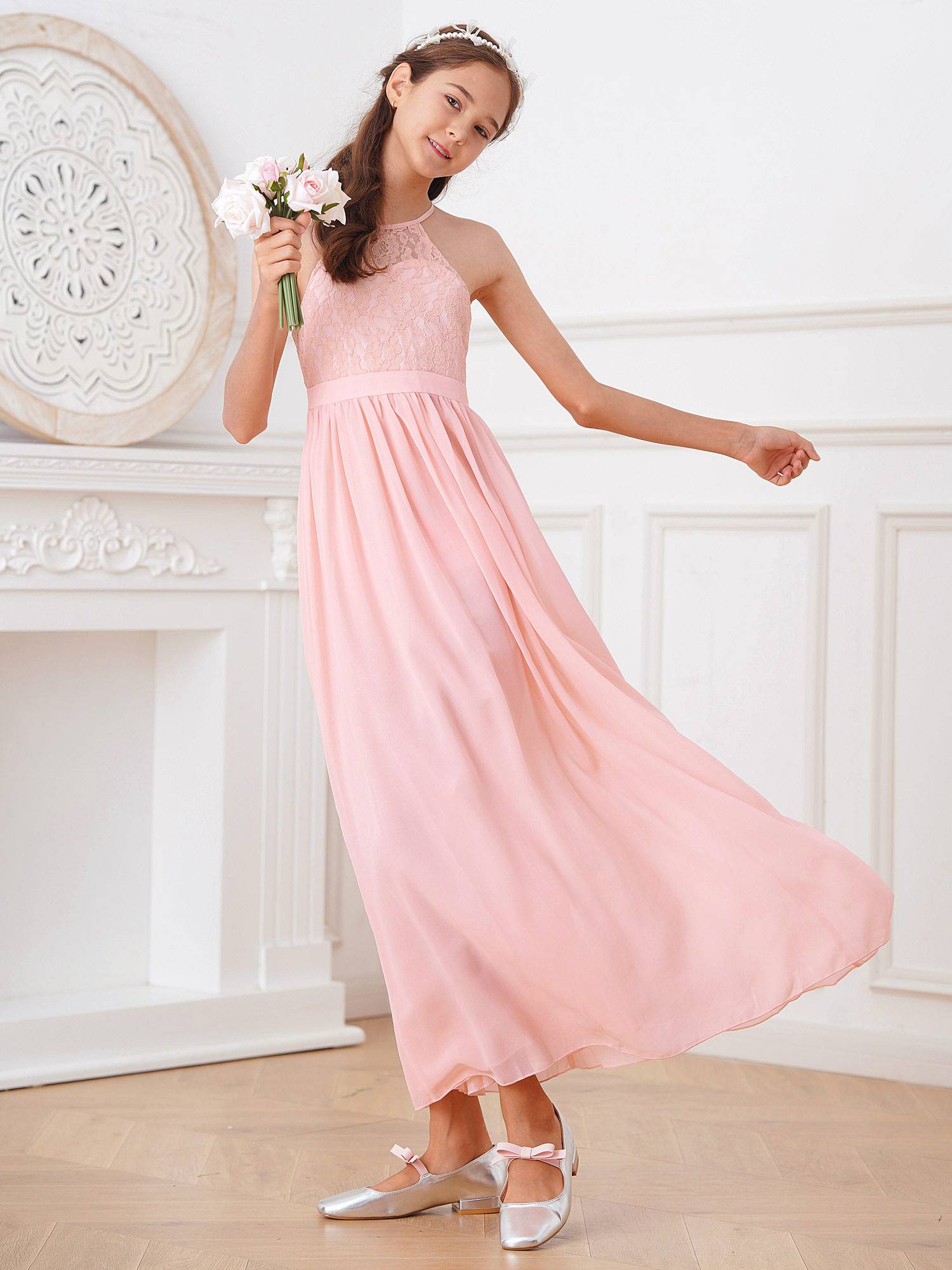 Toddler/Kids Girls Lace Chiffon Junior Bridesmaid Dress