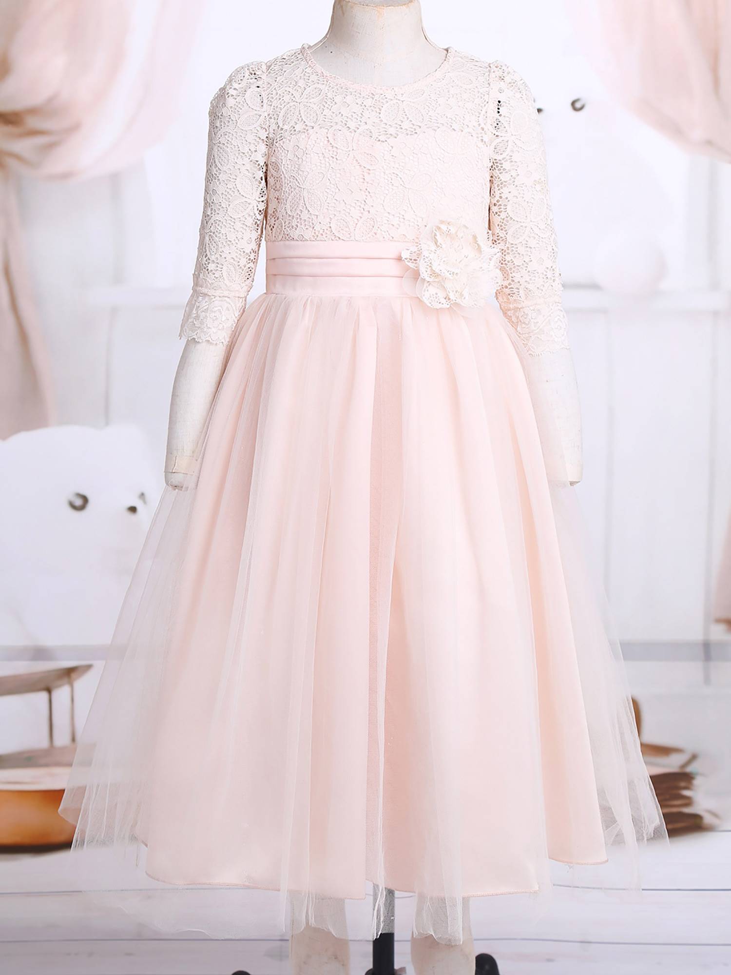 Kids Girls Lace Half Sleeves Tulle Dress