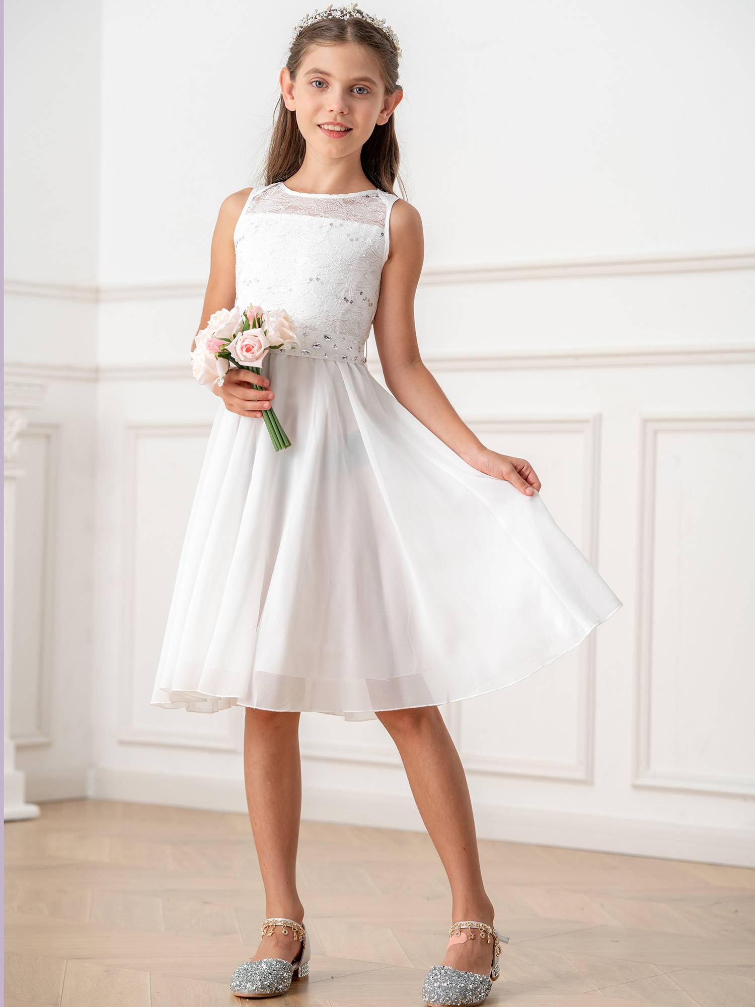 Girls Sequined Lace Chiffon Flower Girls Dresses