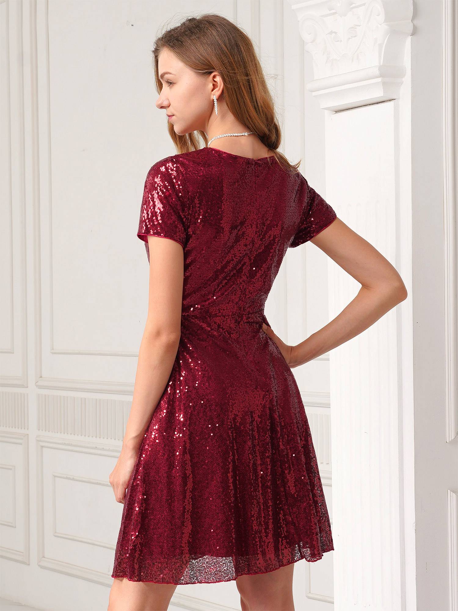Women Ladies Round Neckline Sequins Cocktail A-line Dress