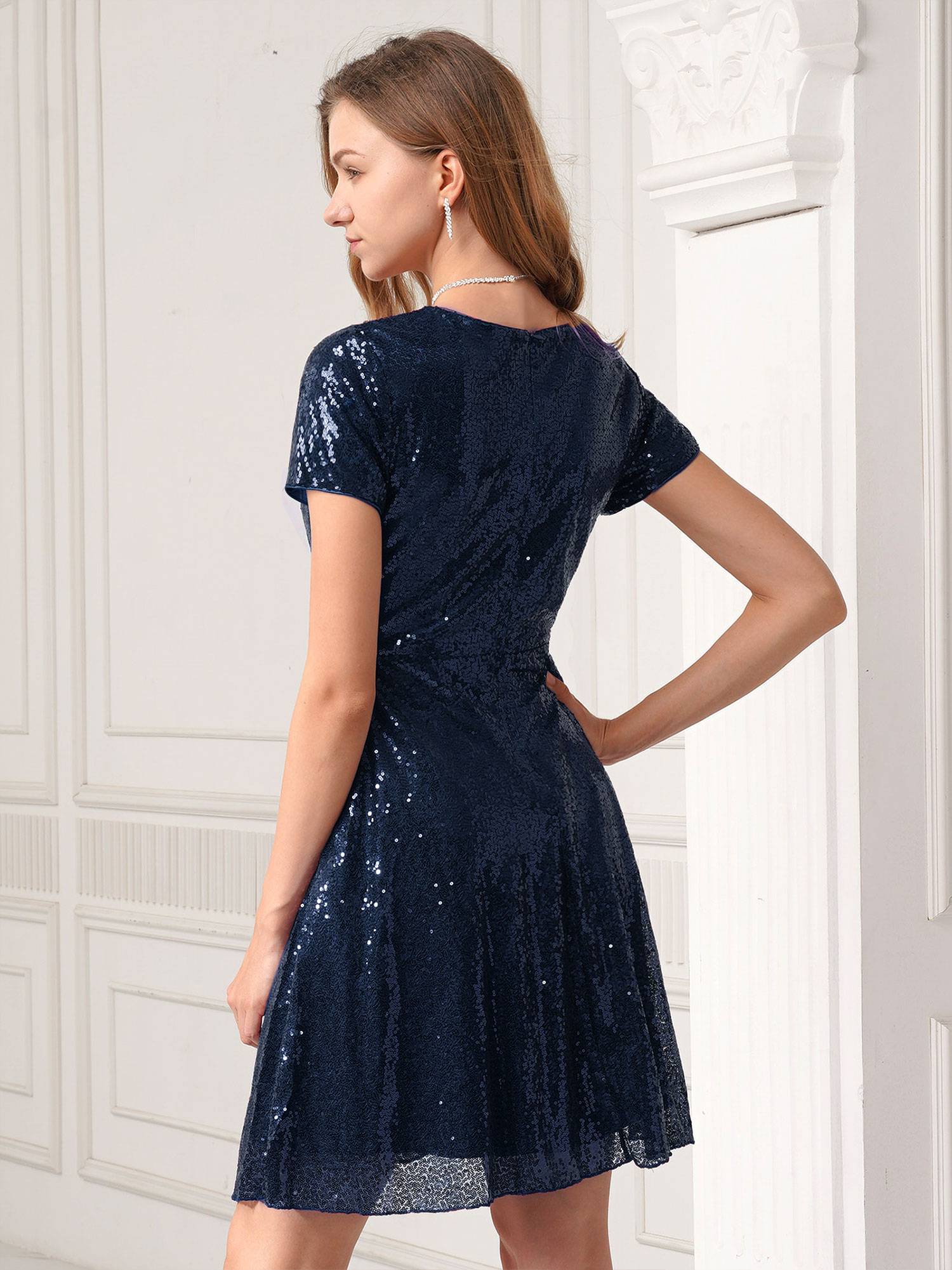 Women Ladies Round Neckline Sequins Cocktail A-line Dress