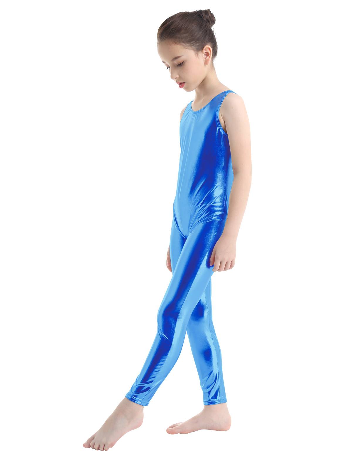 Kids Girls Sleeveless Glossy Metallic Gymnastics Unitard