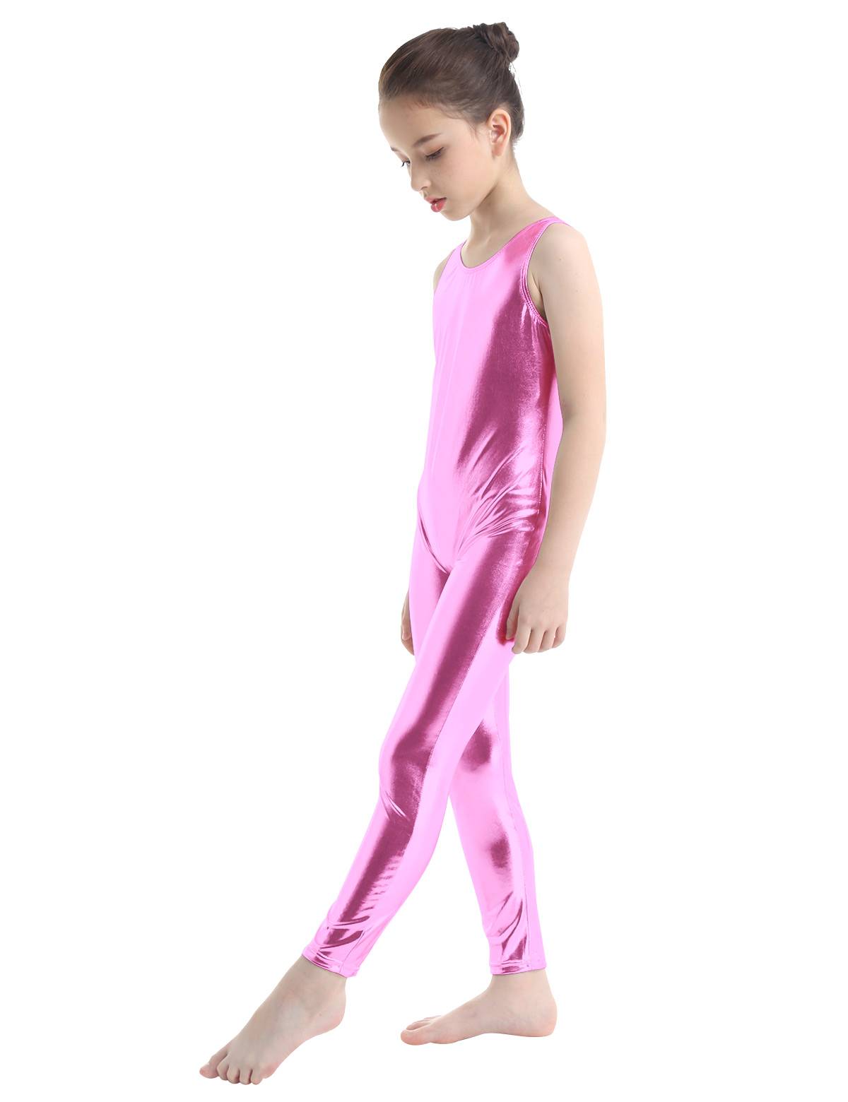 Kids Girls Sleeveless Glossy Metallic Gymnastics Unitard