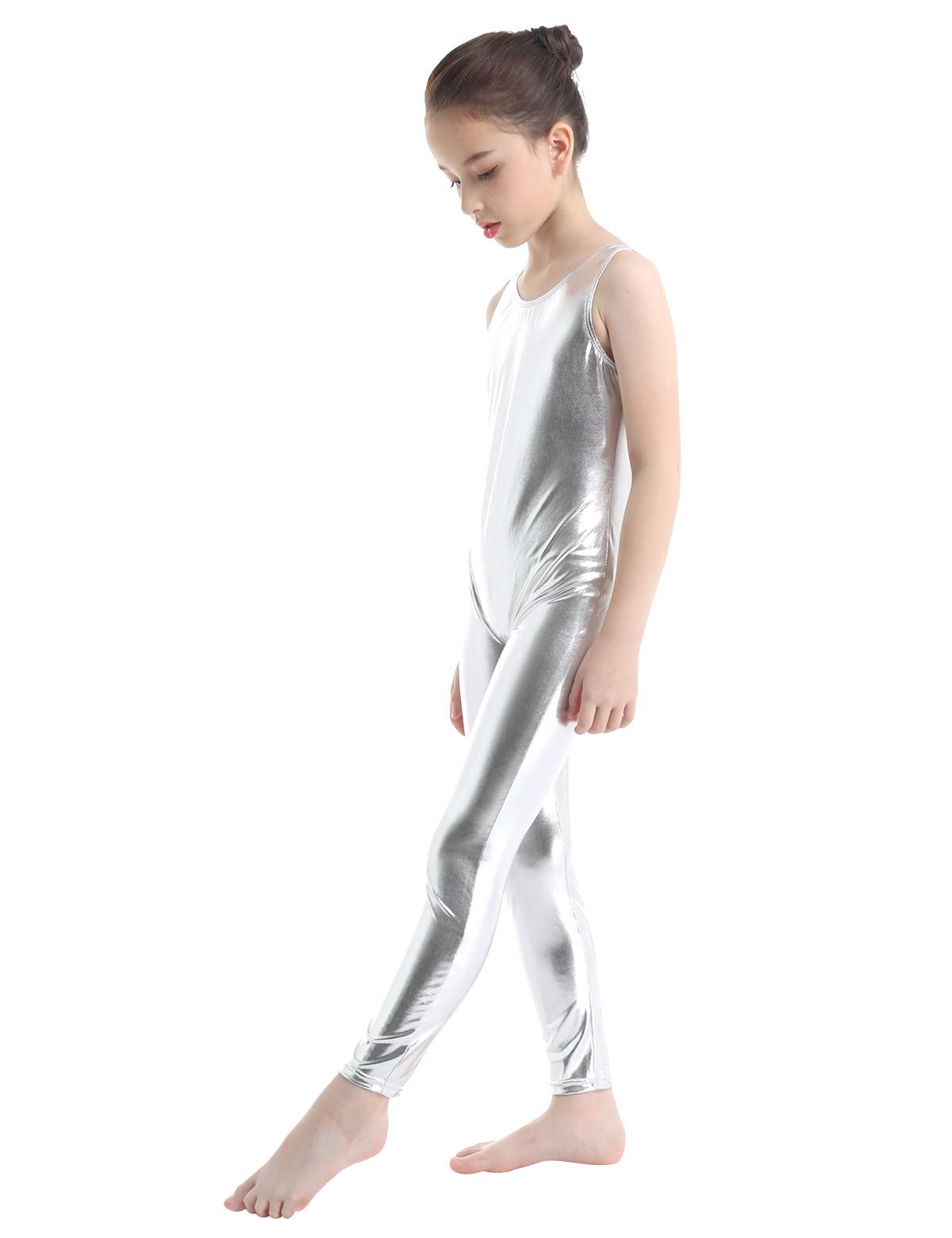 Kids Girls Sleeveless Glossy Metallic Gymnastics Unitard