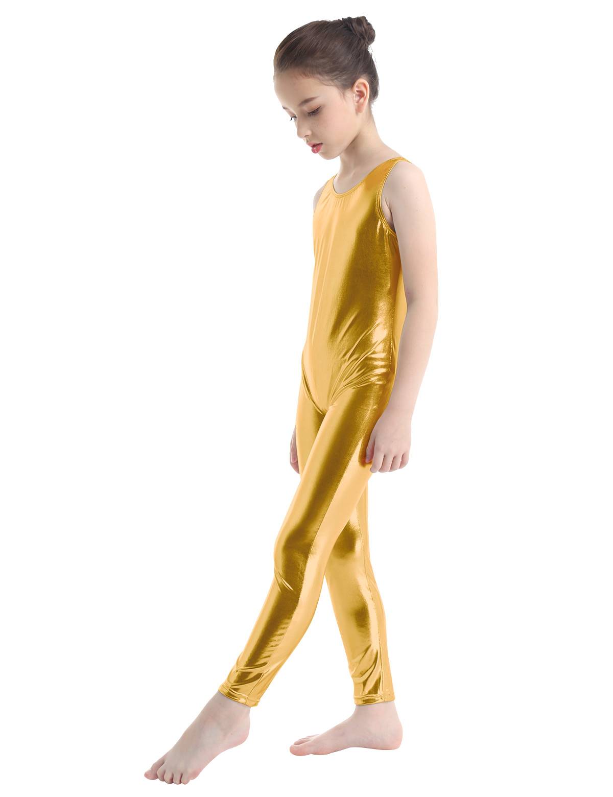 Kids Girls Sleeveless Glossy Metallic Gymnastics Unitard