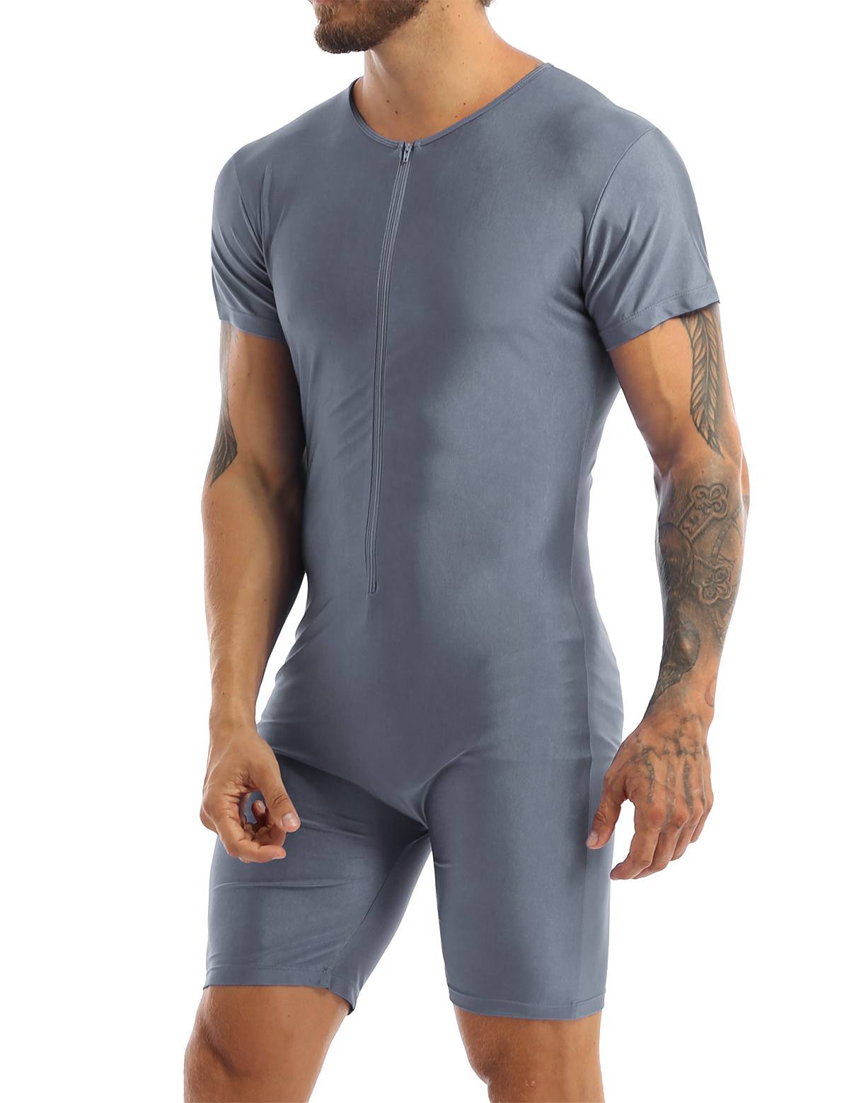 Men Short Sleeve Front Zipper Soft Boxer Briefs Gymnastic Leotard