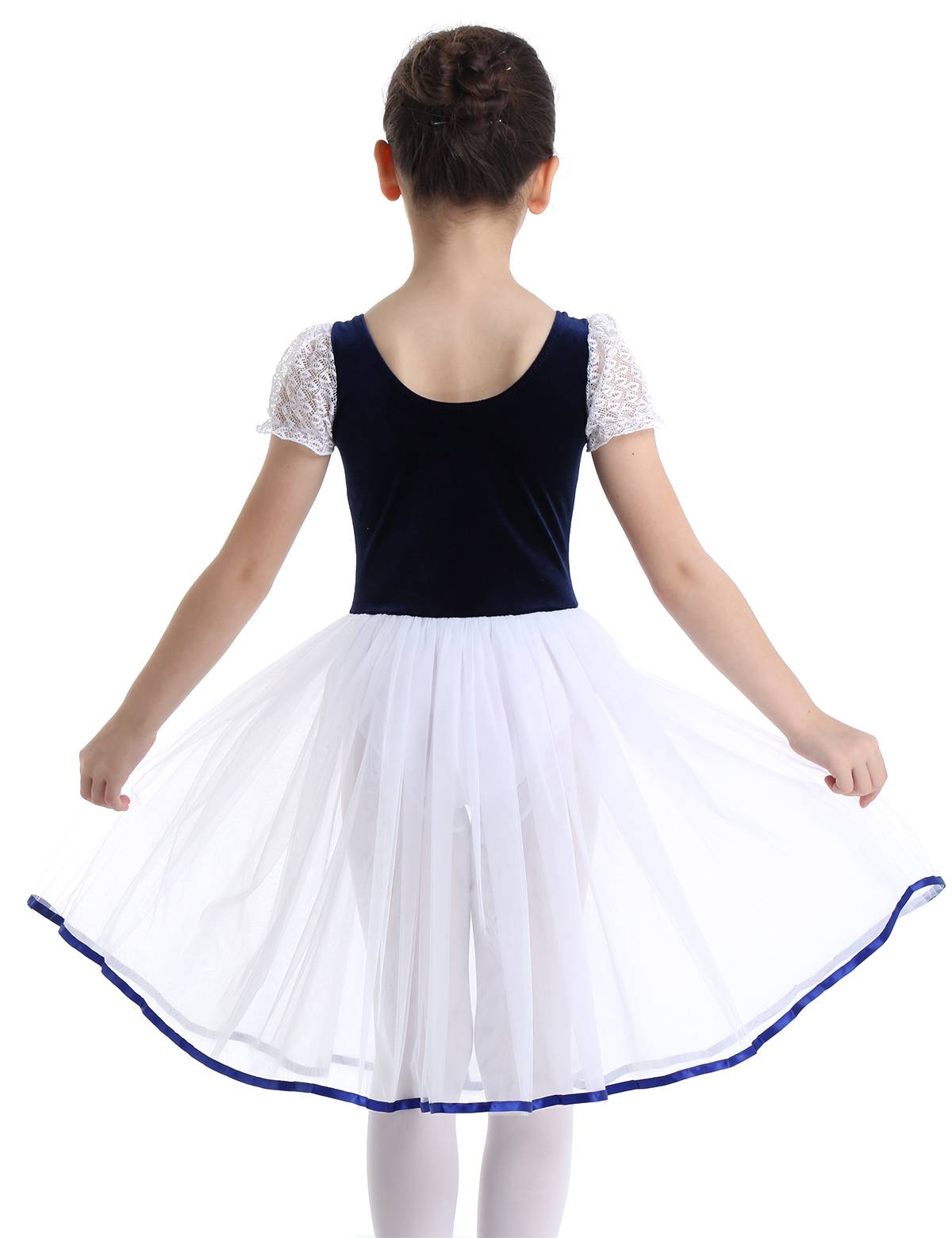 Kids Girls Bubble Sleeves Velvet Mesh Ballet Dance Leotard Dress