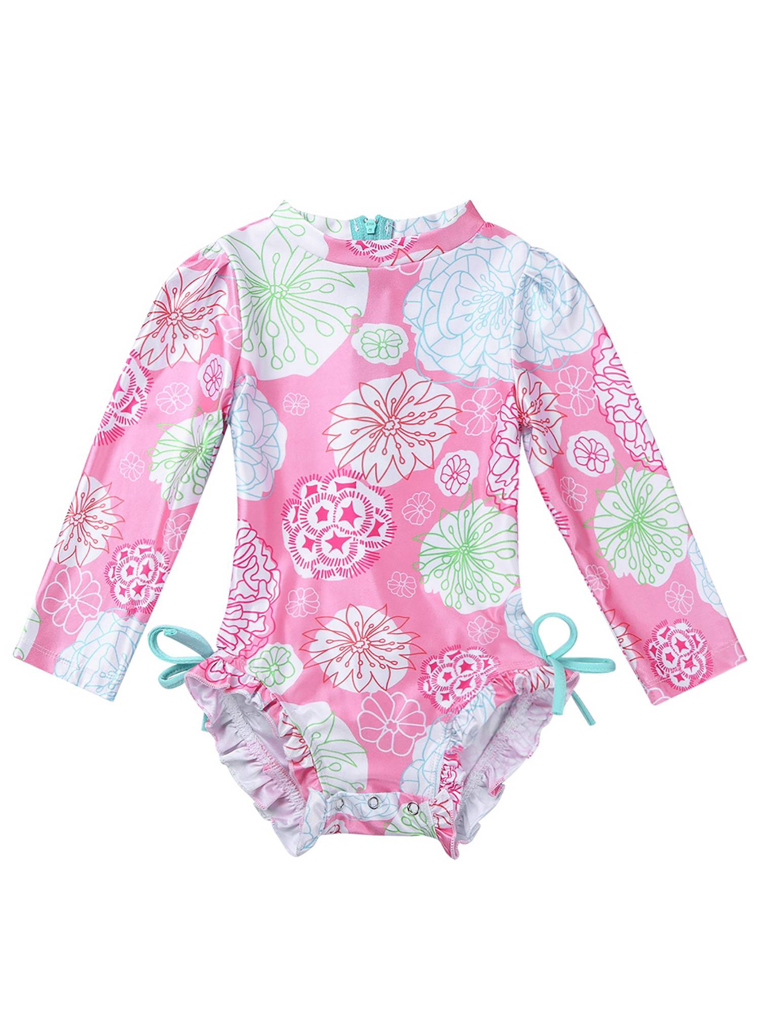 Baby Girls Sleeves Floral Ruffled One Piece Swimsuit
