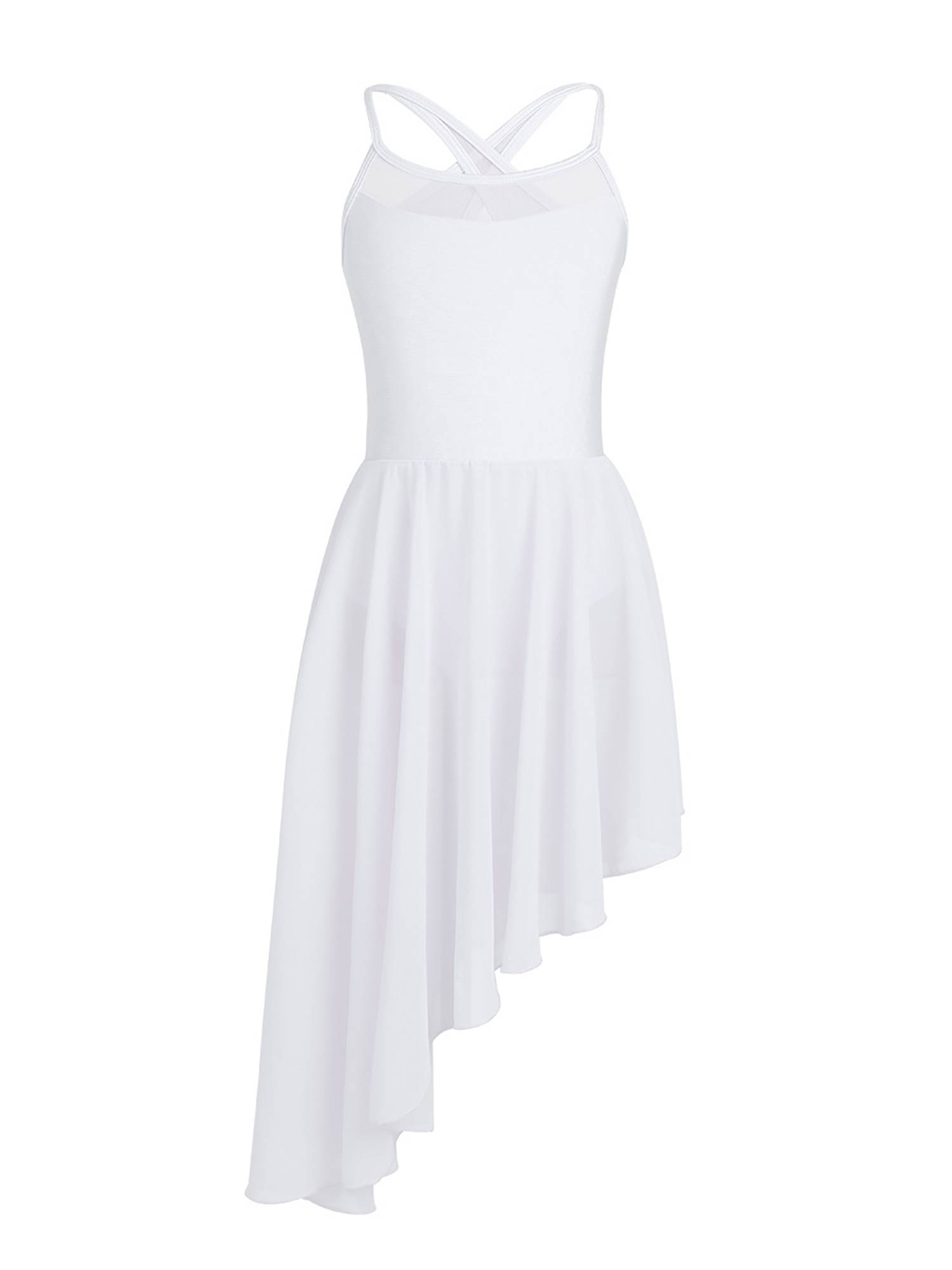 Kids Girls Spaghetti Straps Asymmetrical Lyrical Dance Leotard Dress