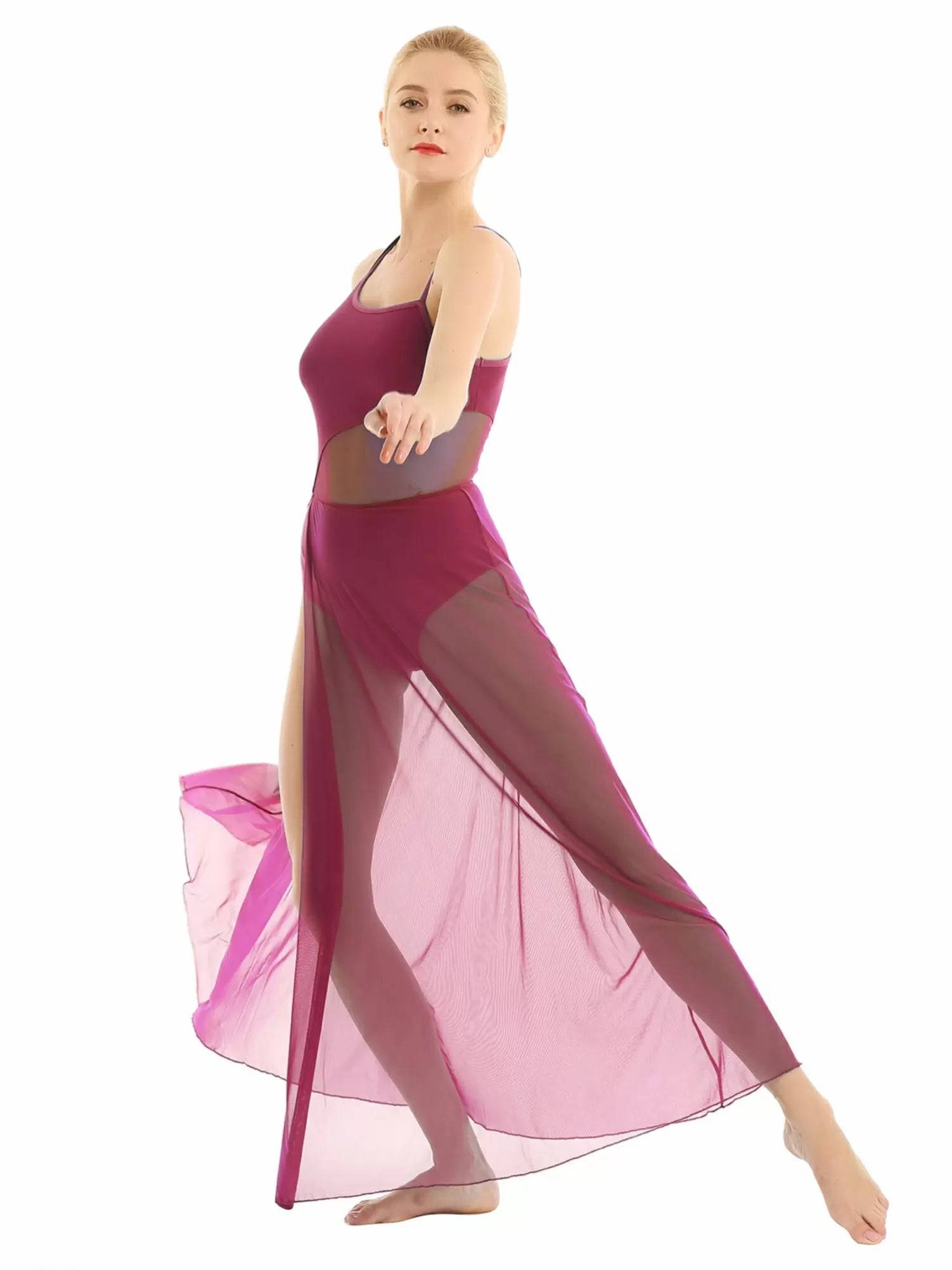 Women Spaghetti Strap Mesh Maxi Lyrical Dance Leotard Dress