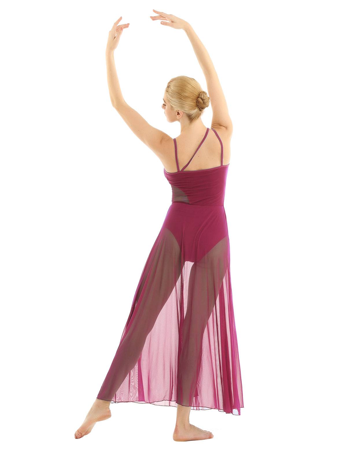 Women Spaghetti Strap Mesh Maxi Lyrical Dance Leotard Dress