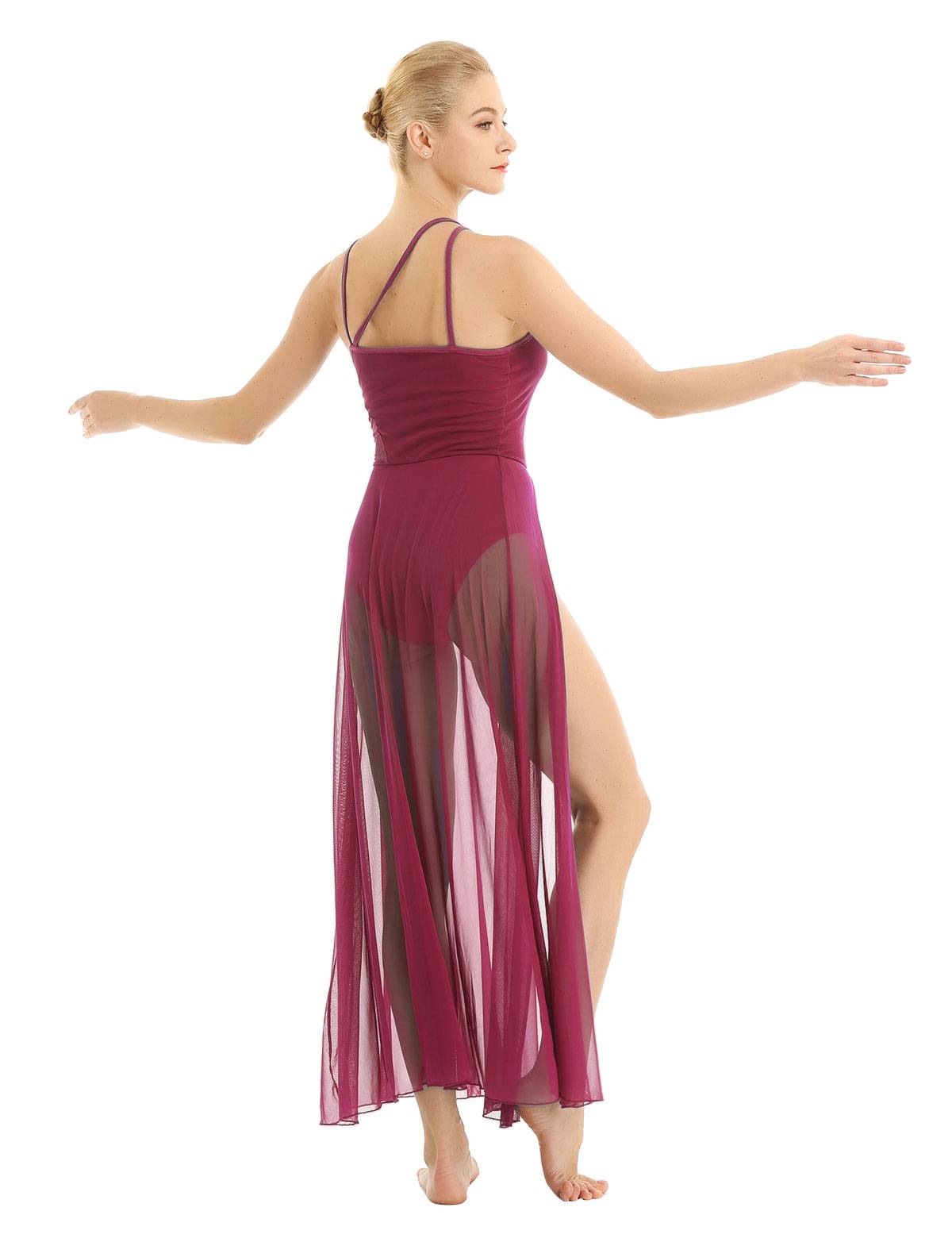 Women Spaghetti Strap Mesh Maxi Lyrical Dance Leotard Dress