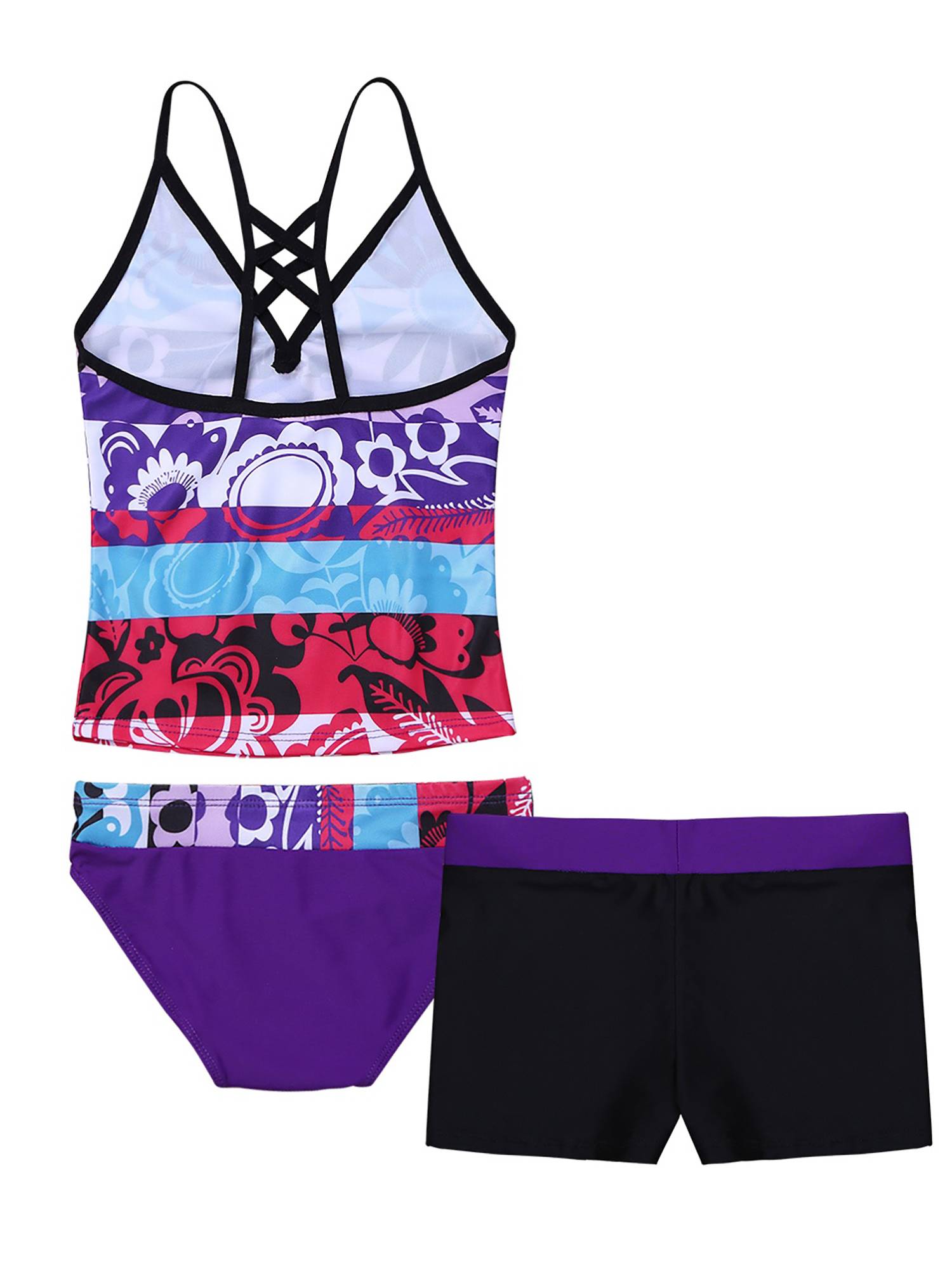 Kids Girls 3Pcs Floral Printed Tankini with Shorts Swimsuit Set