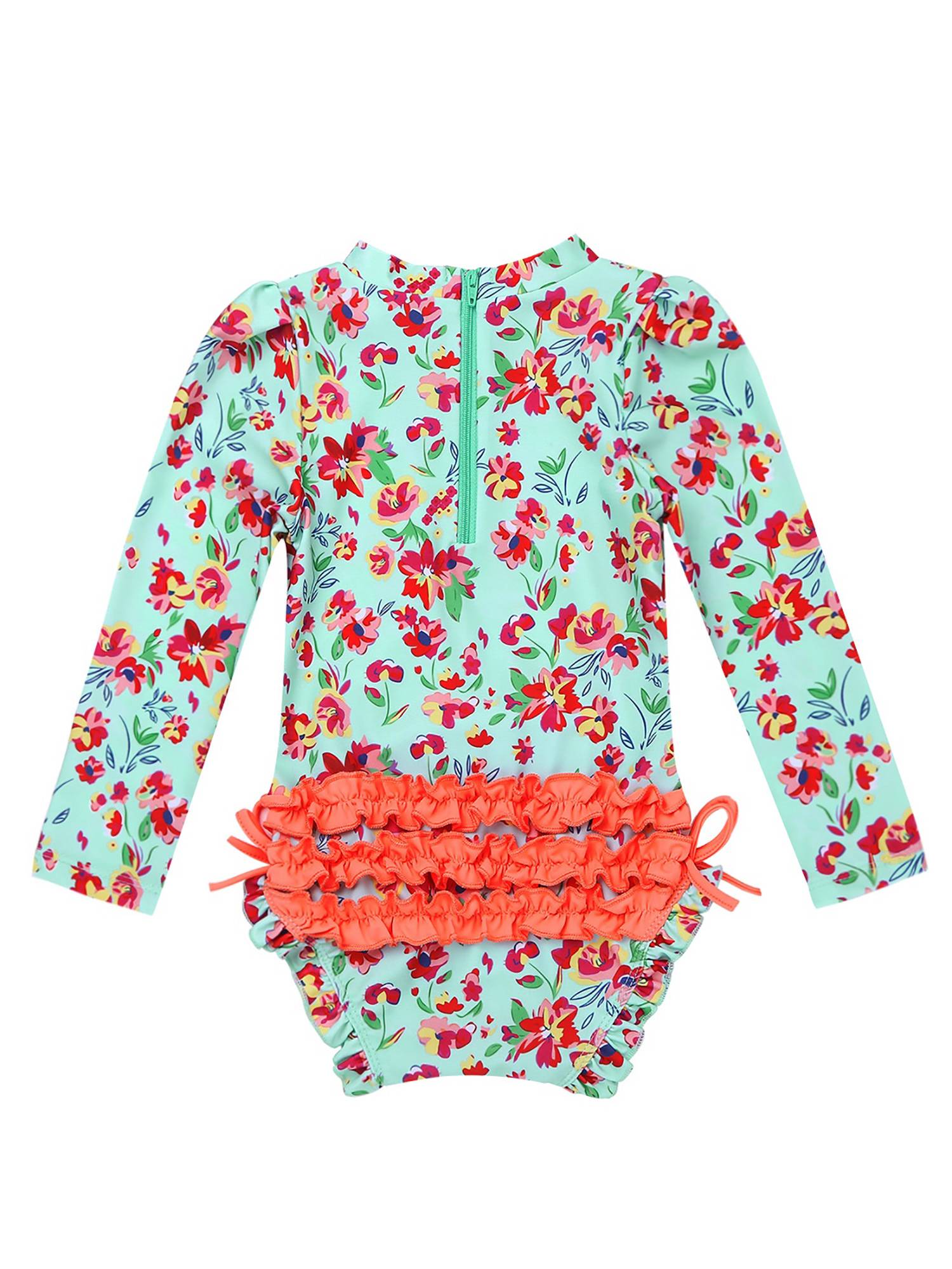 Baby Girls Sleeves Floral Ruffled One Piece Swimsuit