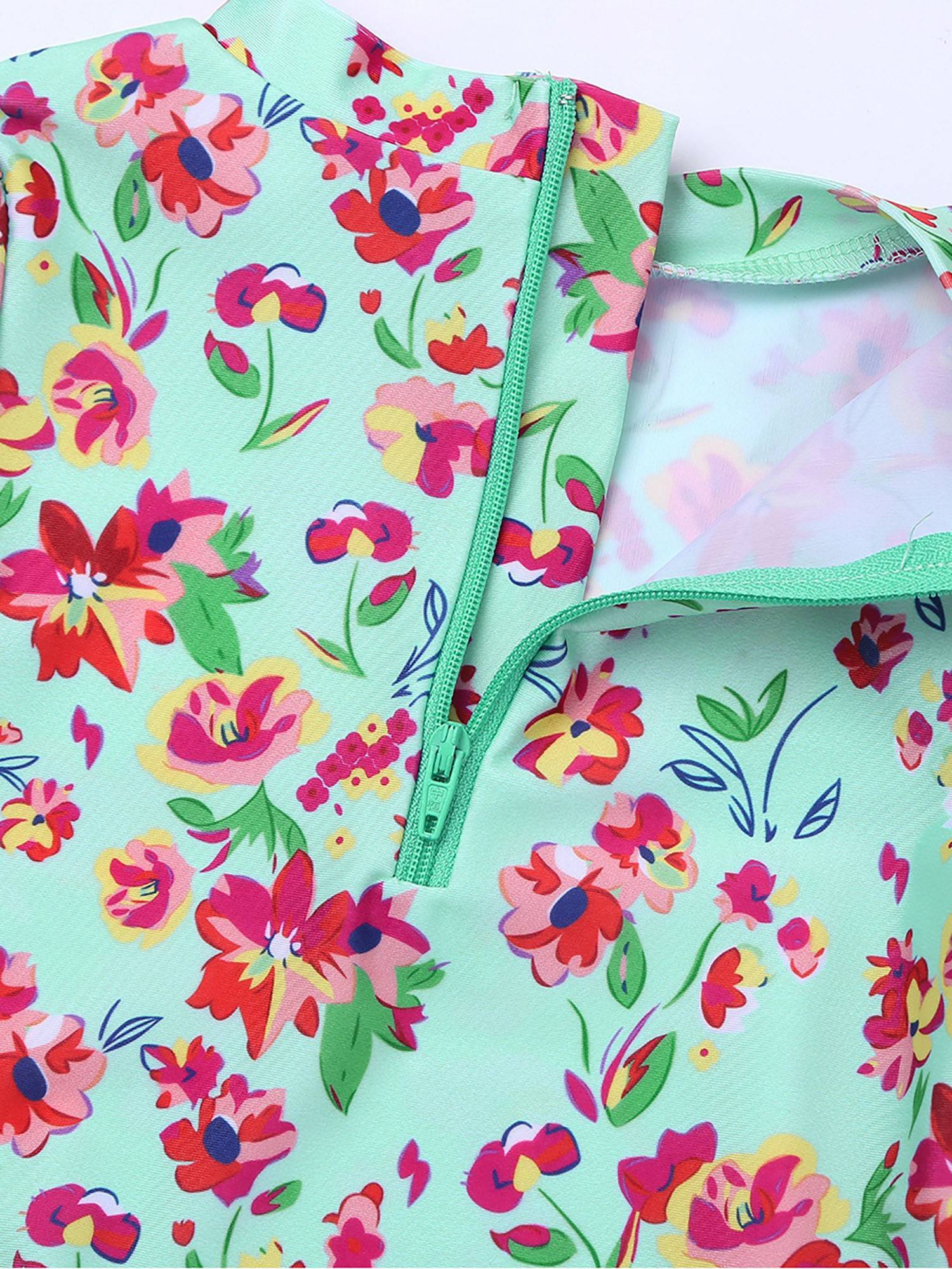 Baby Girls Sleeves Floral Ruffled One Piece Swimsuit