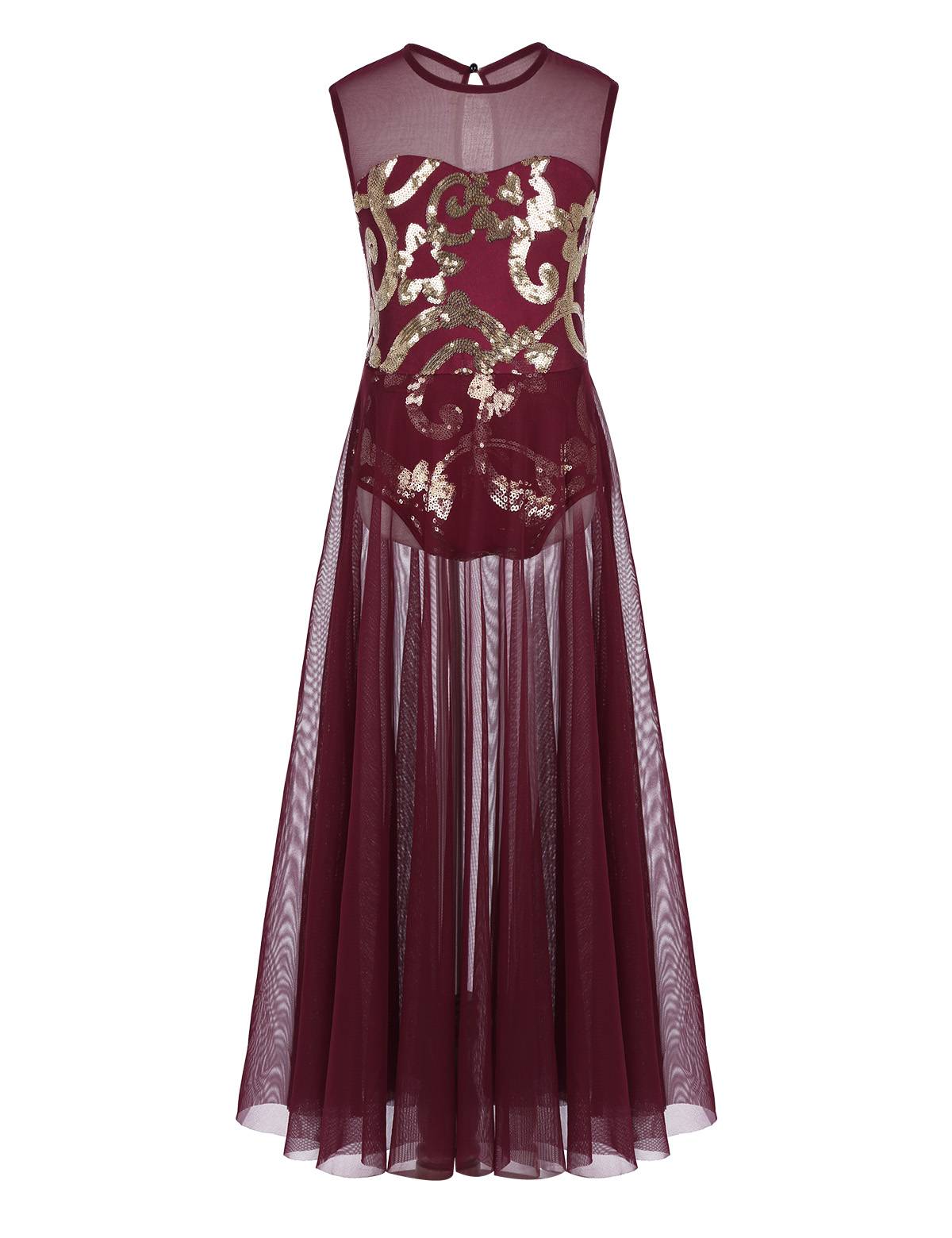 Girls Sleeveless Floral Sequins Lyrical Dance Leotard Dress