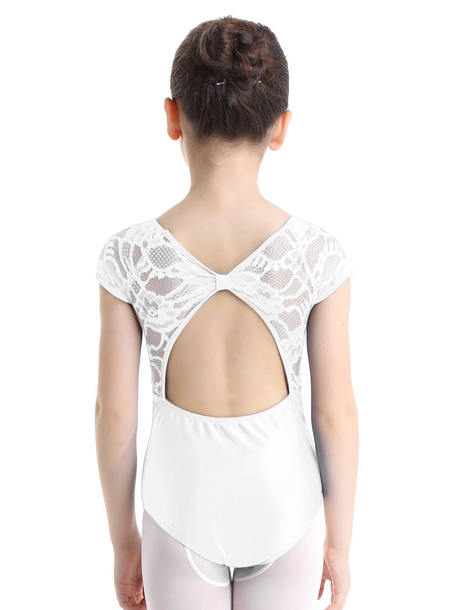 Kids Girls Short Sleeves Floral Lace Ballet Dance Leotard