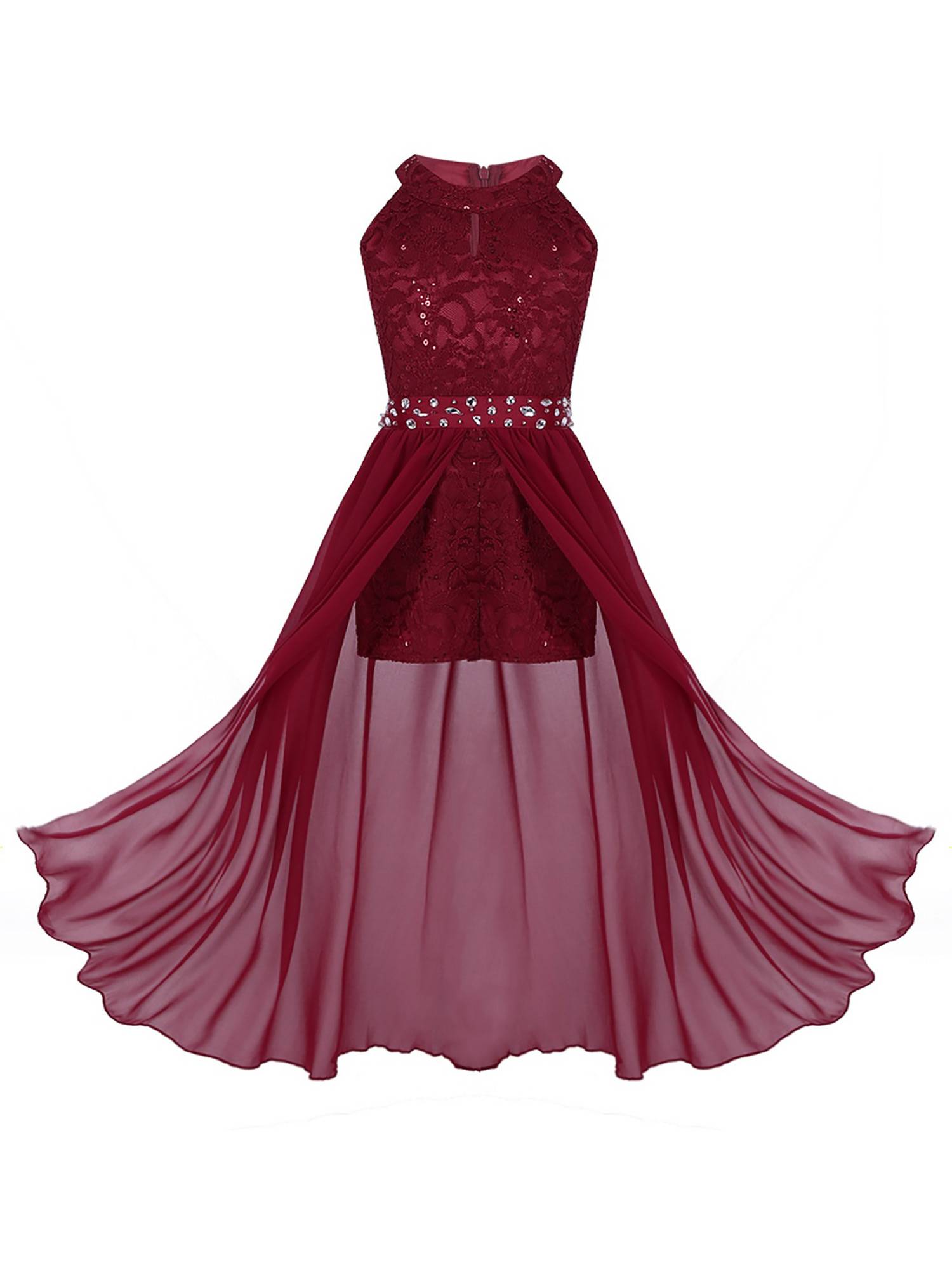Girls Sleeveless Floral Lace Maxi Romper Prom Dress