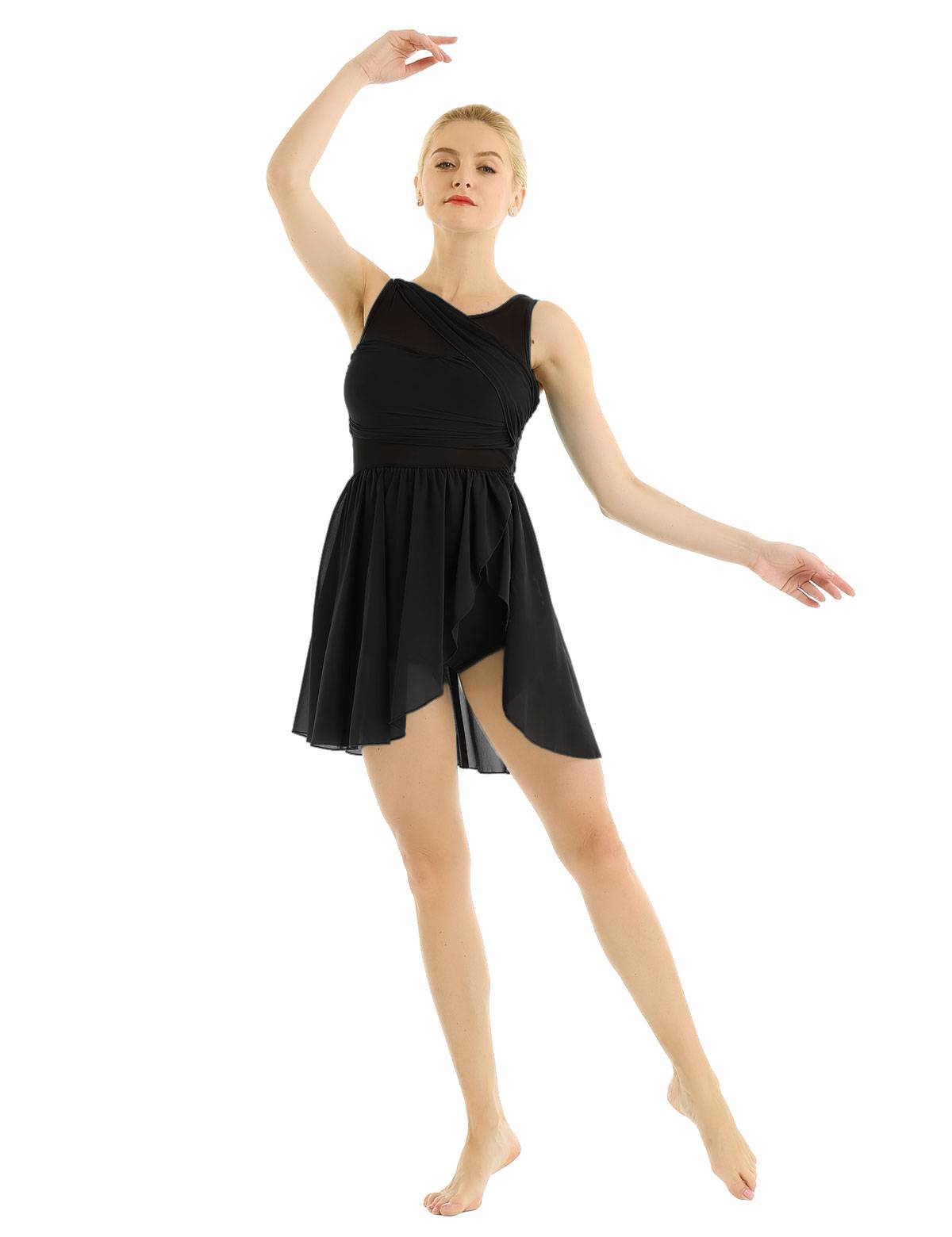Women Sleeveless Asymmetric Chiffon Lyrical Dance Leotard Dress