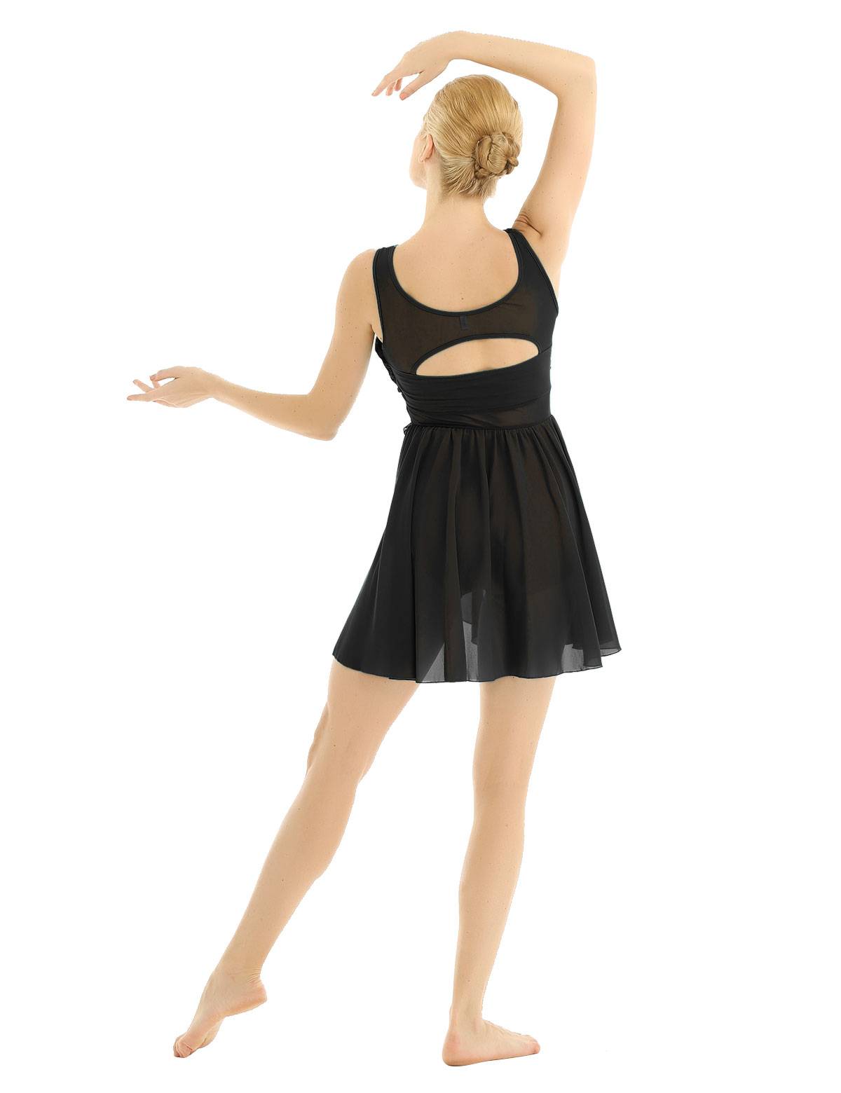 Women Sleeveless Asymmetric Chiffon Lyrical Dance Leotard Dress