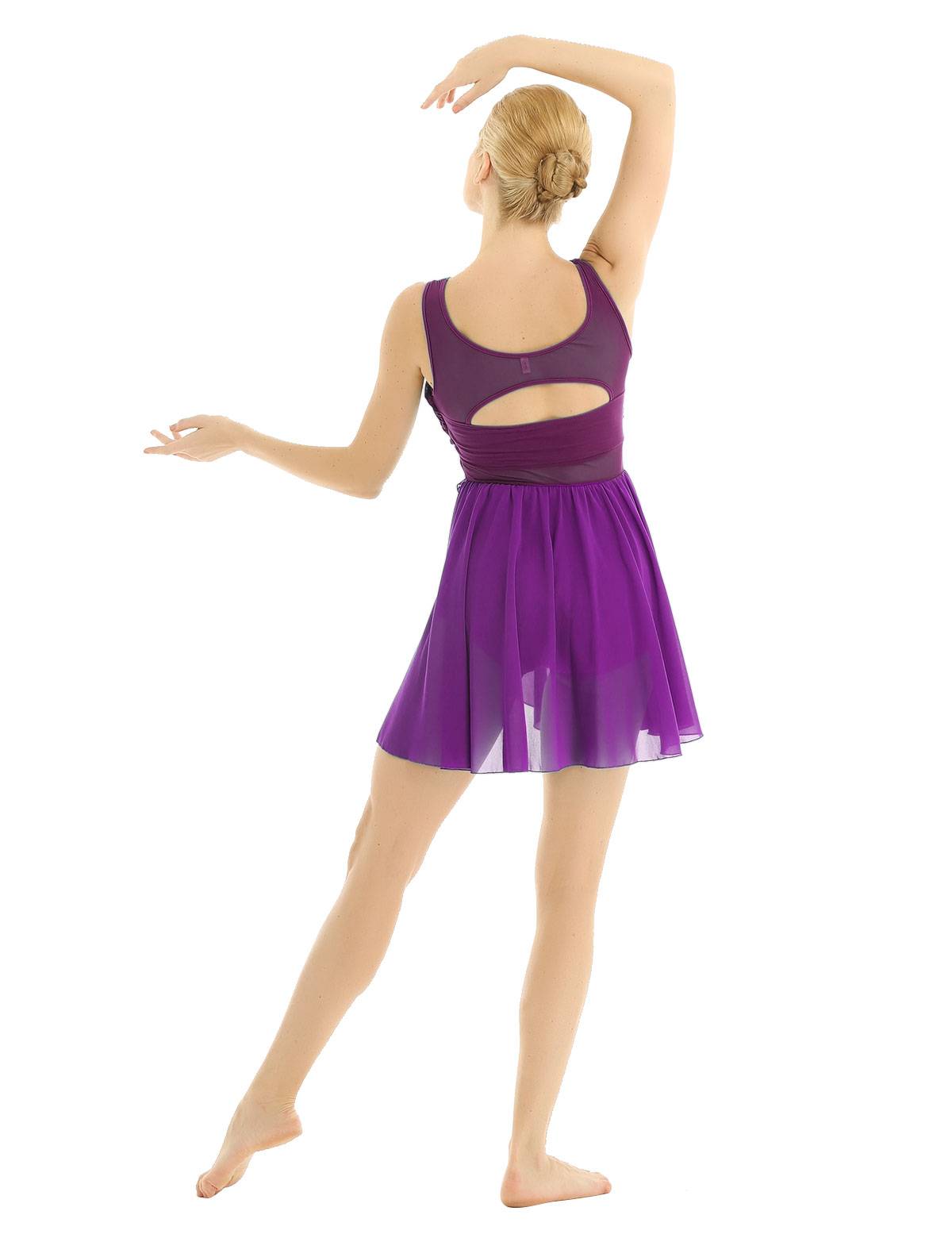 Women Sleeveless Asymmetric Chiffon Lyrical Dance Leotard Dress