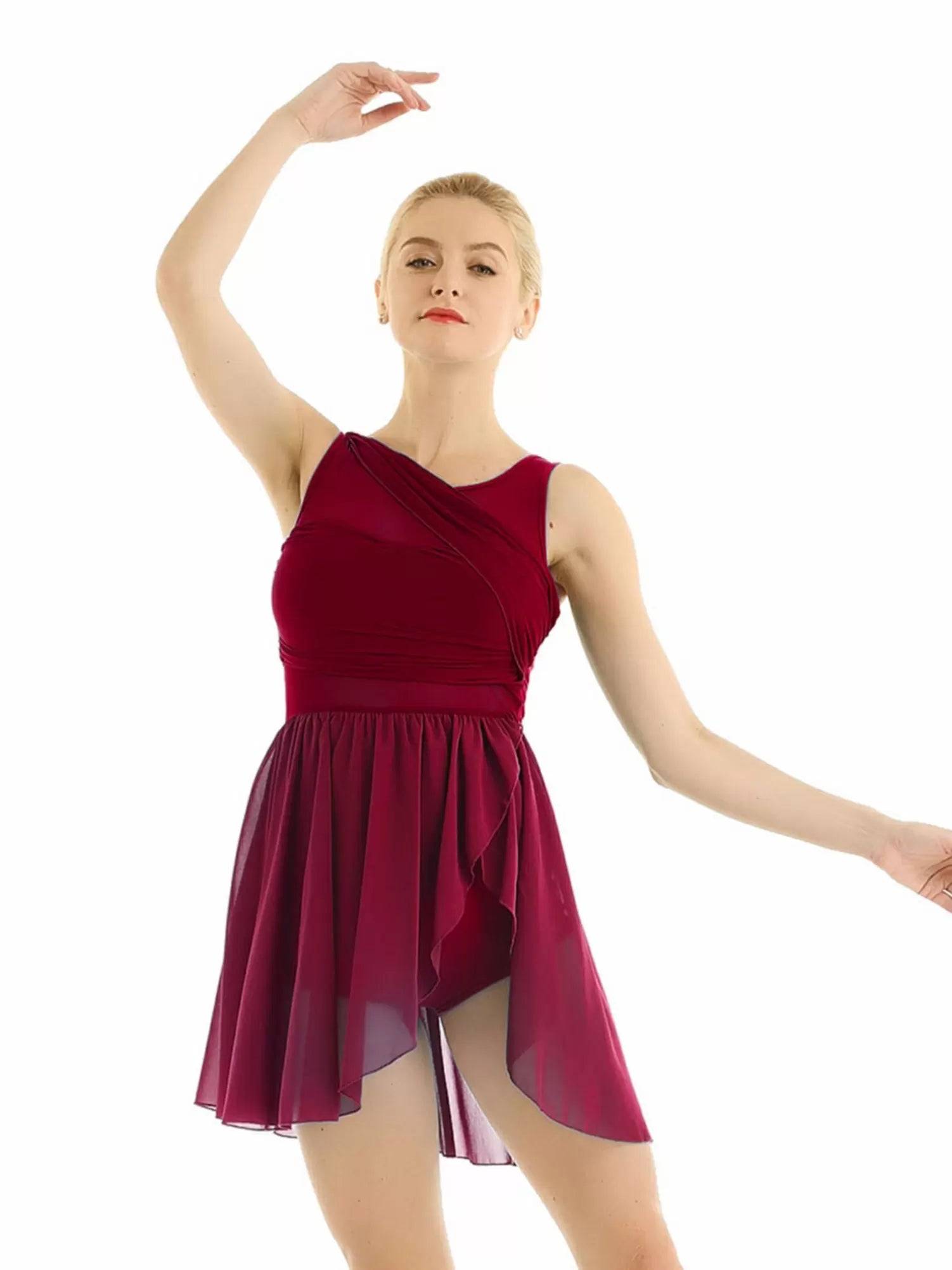 Women Sleeveless Asymmetric Chiffon Lyrical Dance Leotard Dress