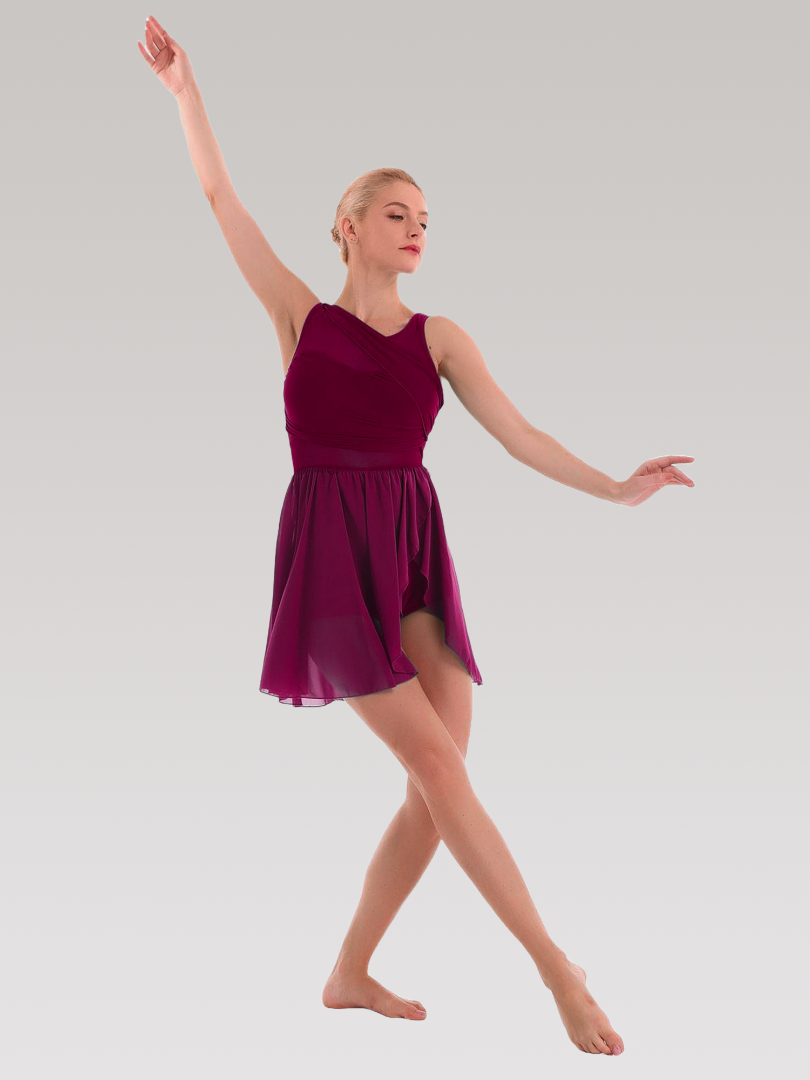 Women Sleeveless Asymmetric Chiffon Lyrical Dance Leotard Dress
