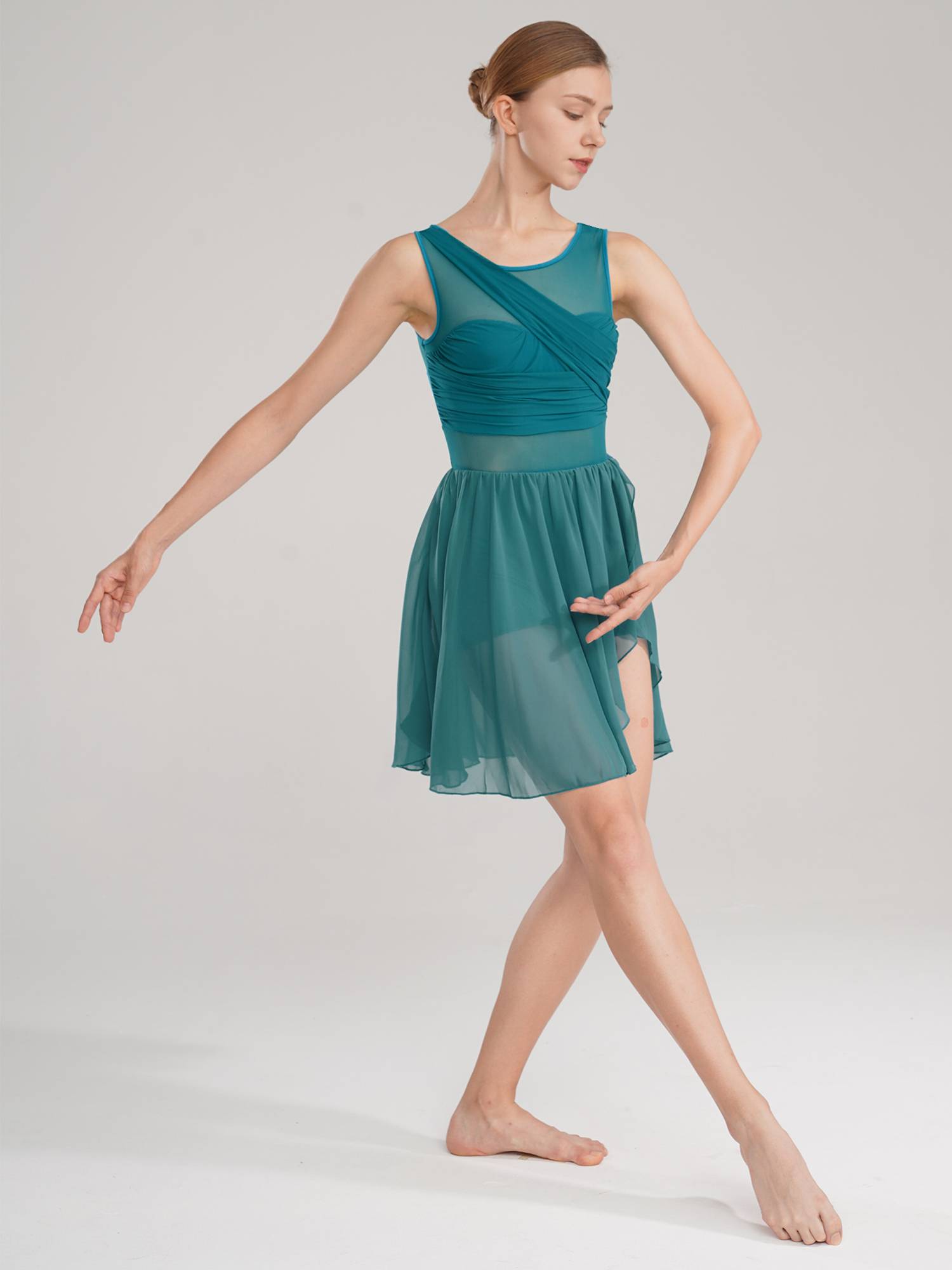 Women Sleeveless Asymmetric Chiffon Lyrical Dance Leotard Dress