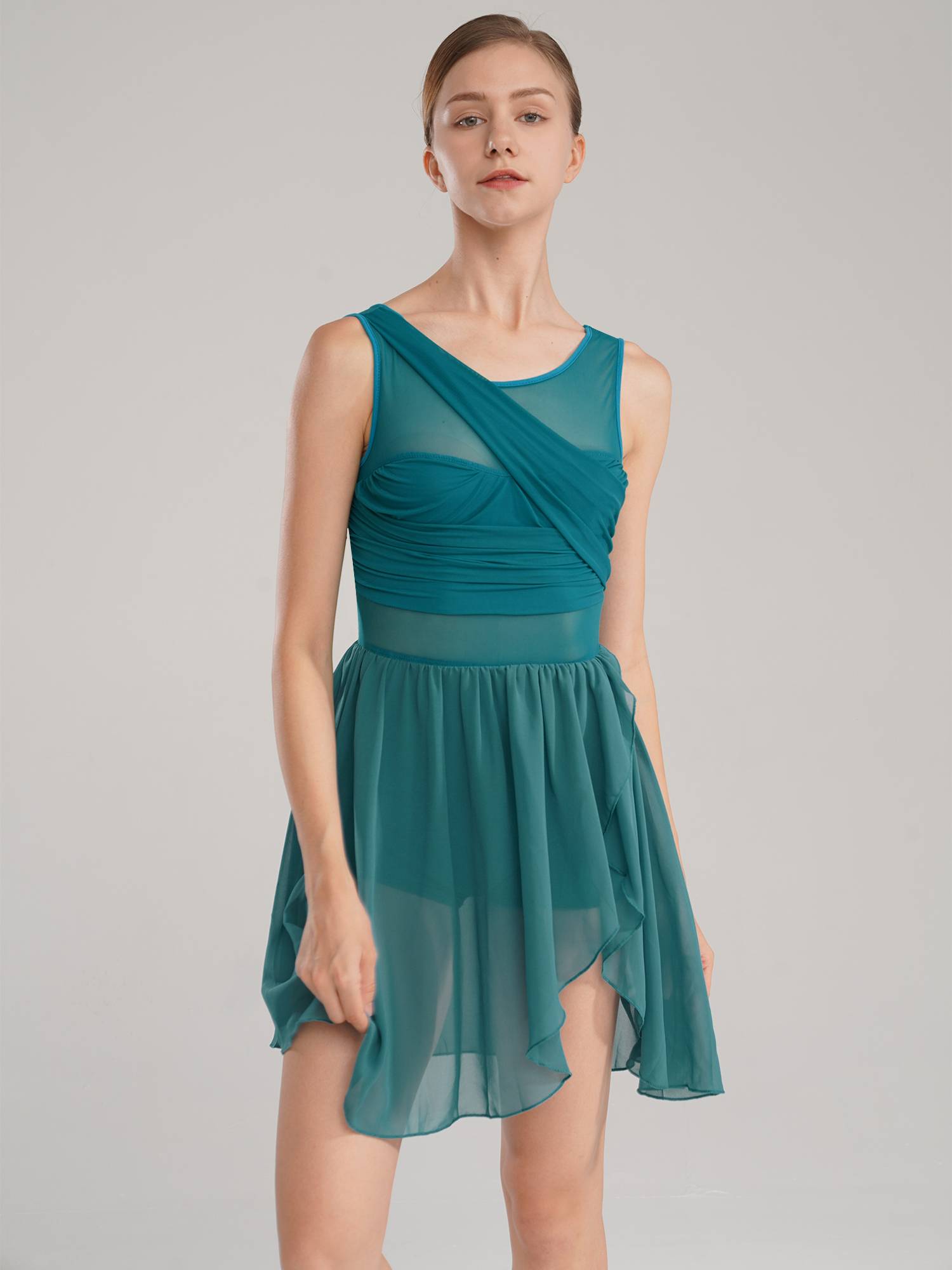 Women Sleeveless Asymmetric Chiffon Lyrical Dance Leotard Dress