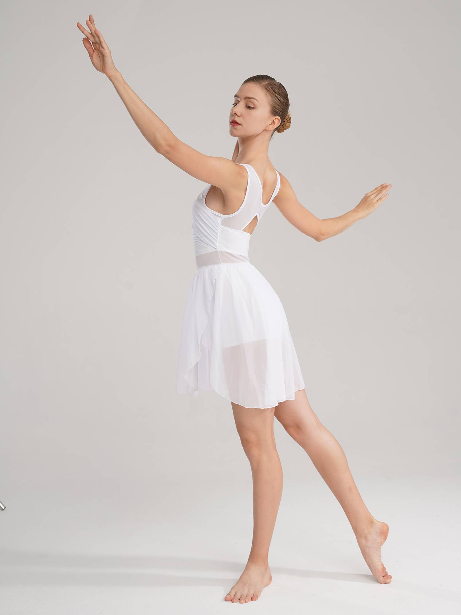 Women Sleeveless Asymmetric Chiffon Lyrical Dance Leotard Dress