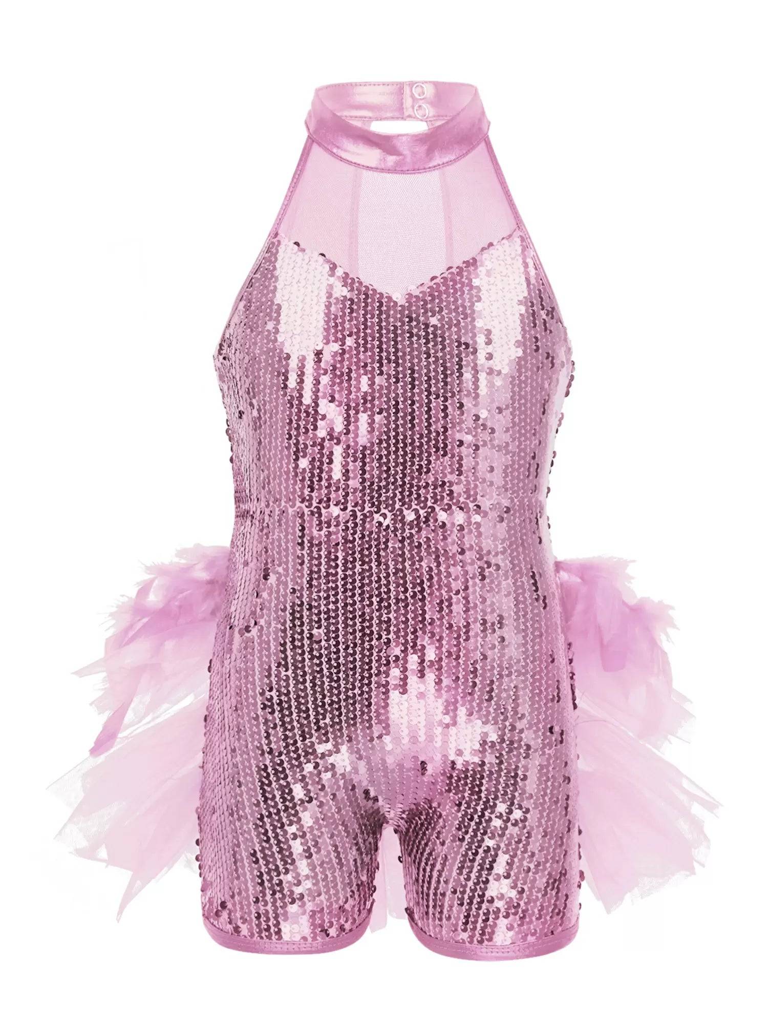 Kids Girls Sleeveless Sequins Jazz Latin Dance Leotard Jumpsuit