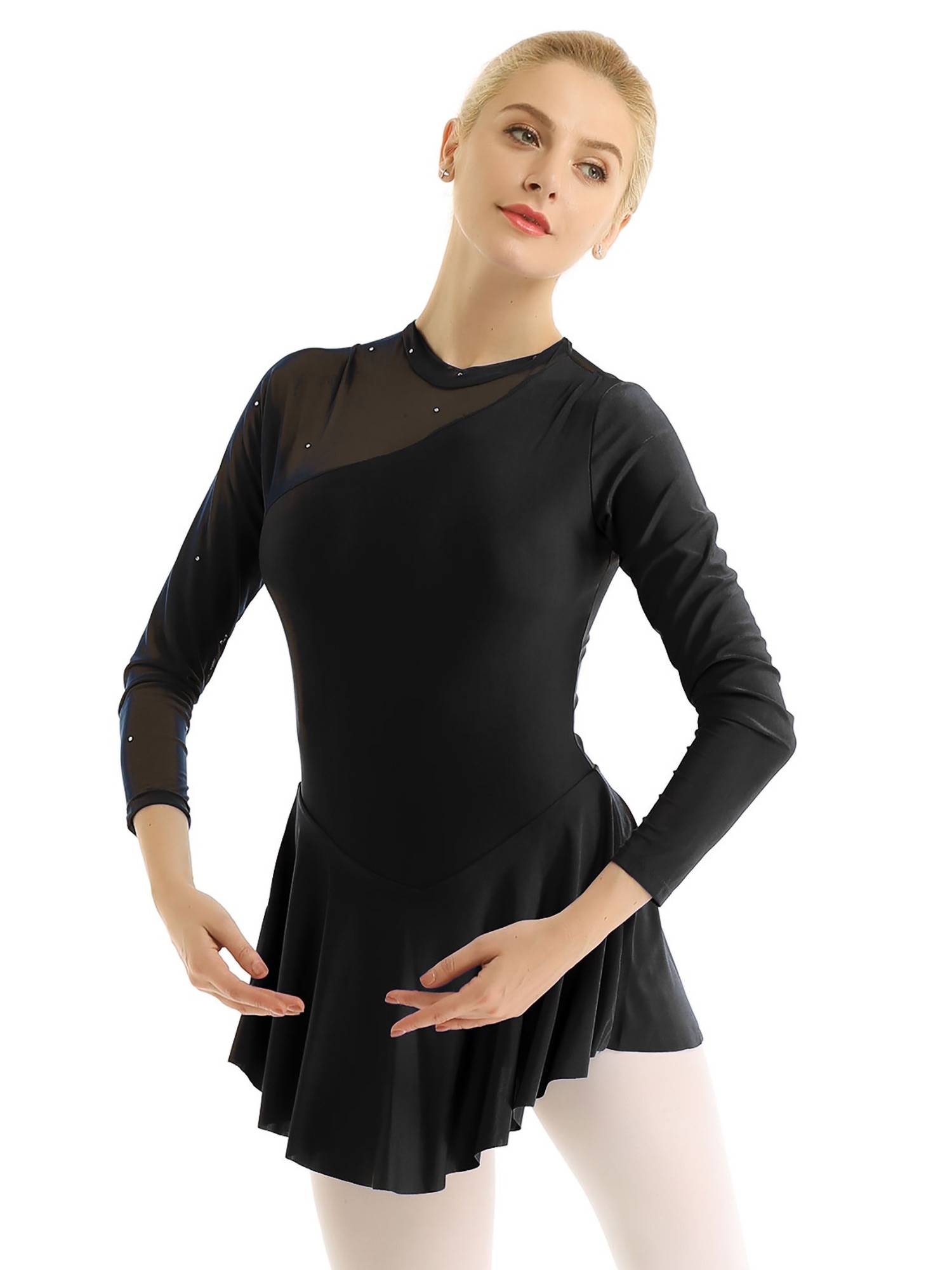 Women Long Sleeve Round Neck Hollow Back Skating Leotard Dress