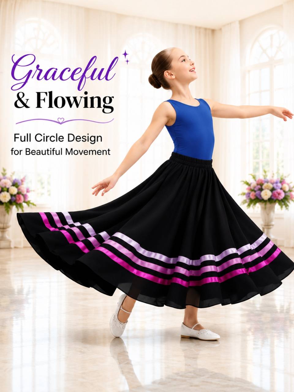 Girls Flamenco Full Circle Swing Skirt for Ballet Recital & Stage Performance