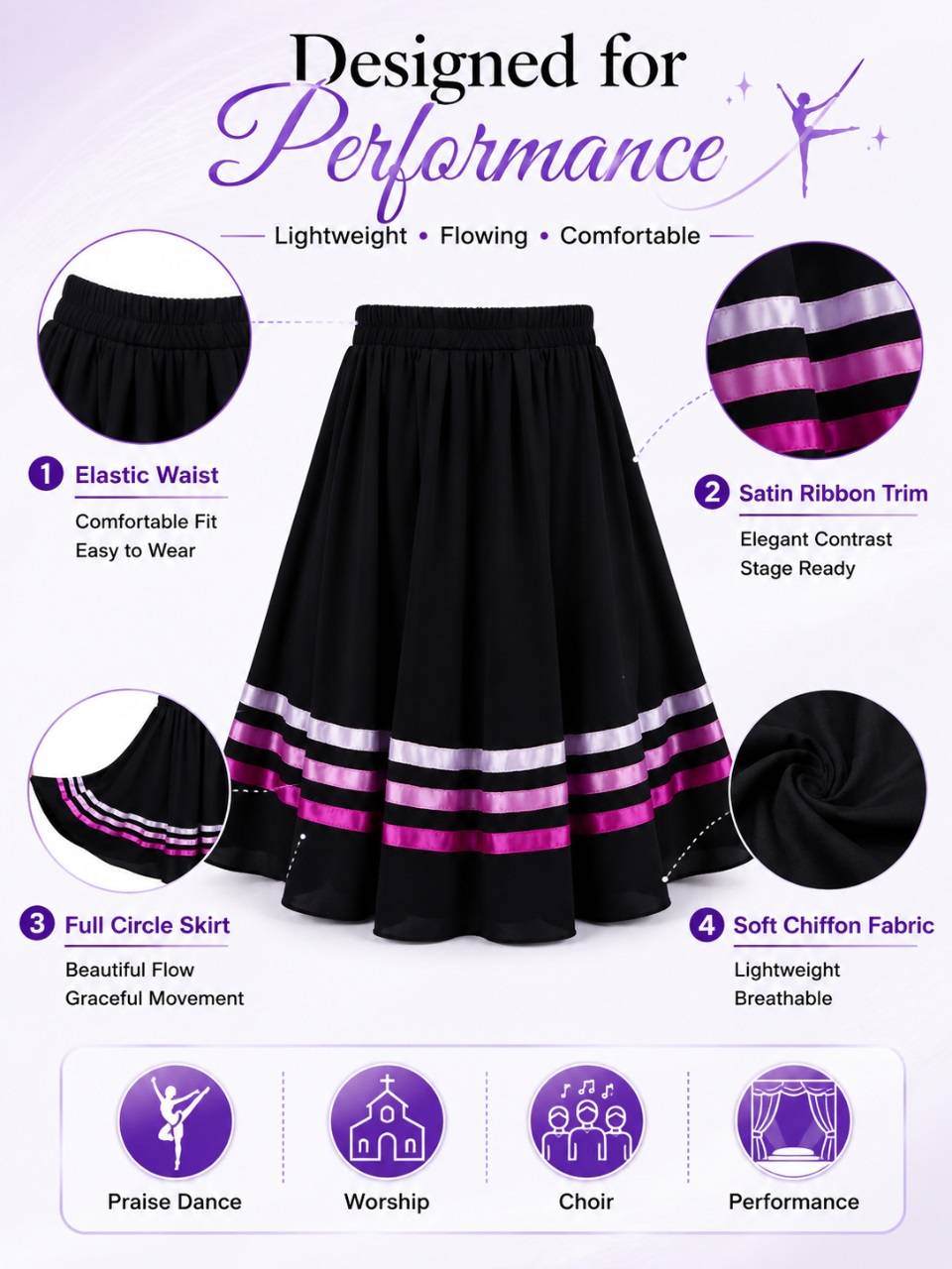 Girls Flamenco Full Circle Swing Skirt for Ballet Recital & Stage Performance